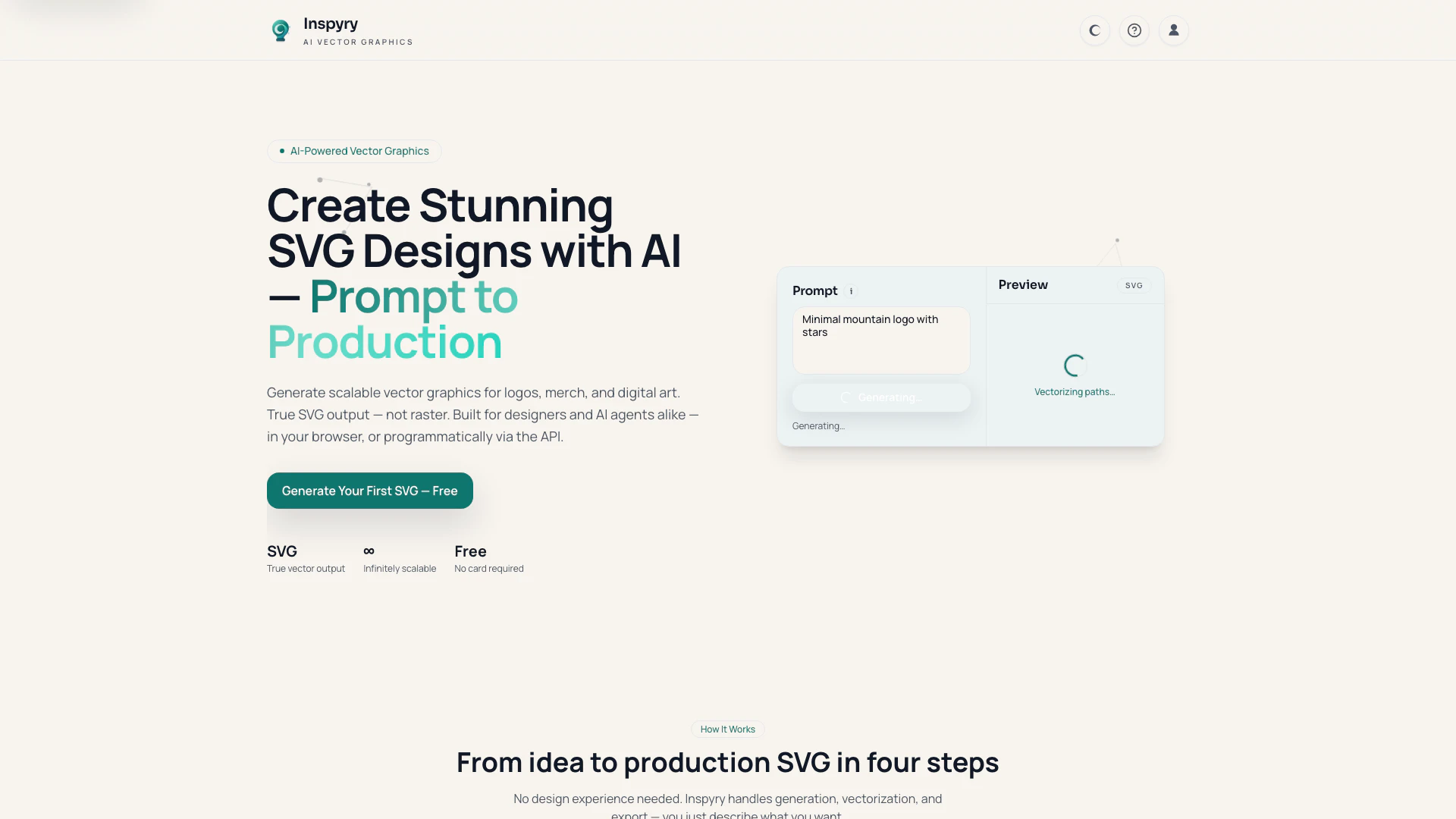 Inspyry website screenshot showing Inspyry allows you to create editable SV... interface and features
