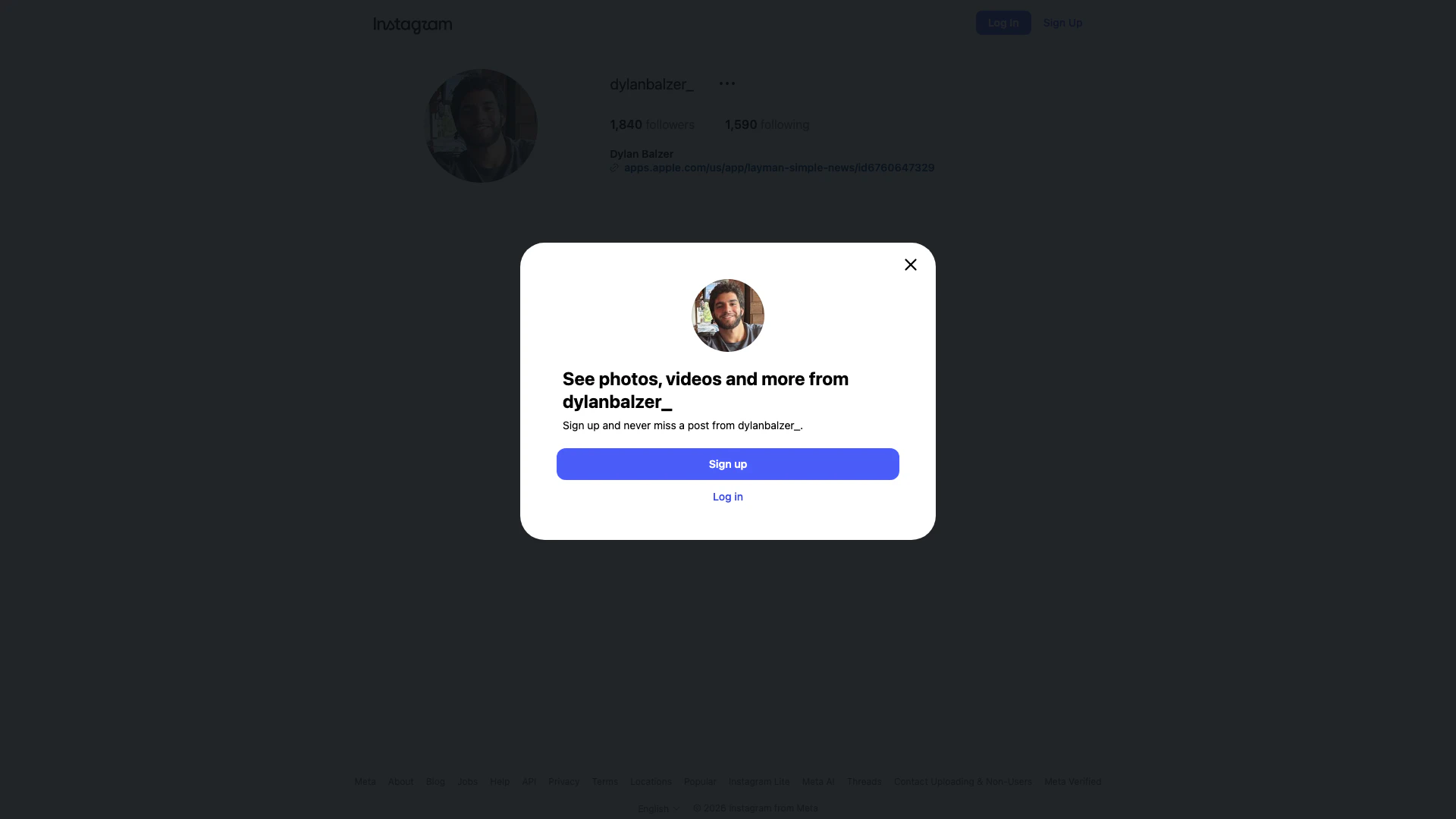 Instagram website screenshot showing Dylan Balzer (@dylanbalzer_) is active o... interface and features