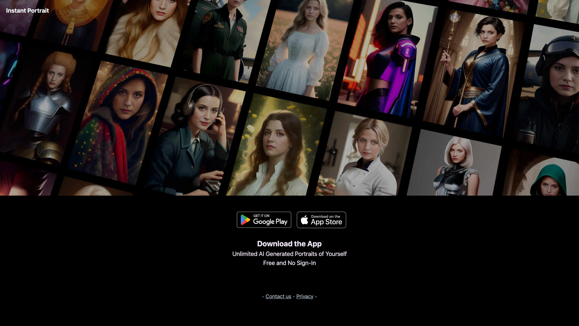 Instant-portrait website screenshot showing Gere retratos AI ilimitados facilmente. interface and features