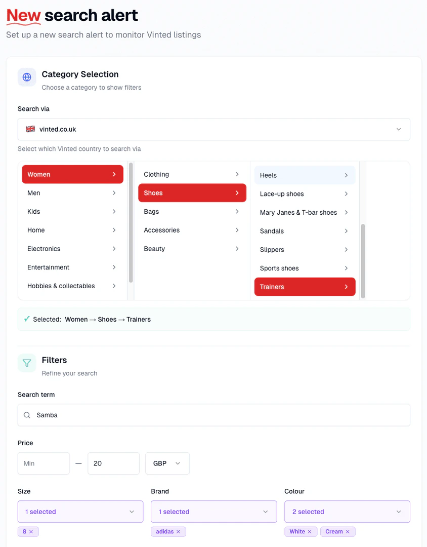 Instantalert product interface showing alert creation