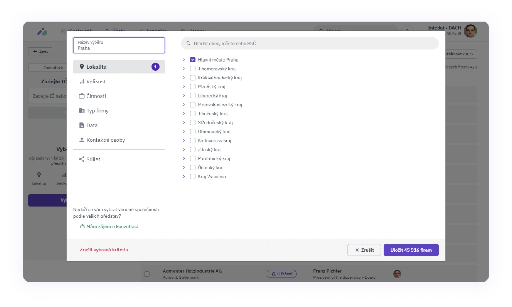 Intedat product overview showing company database features