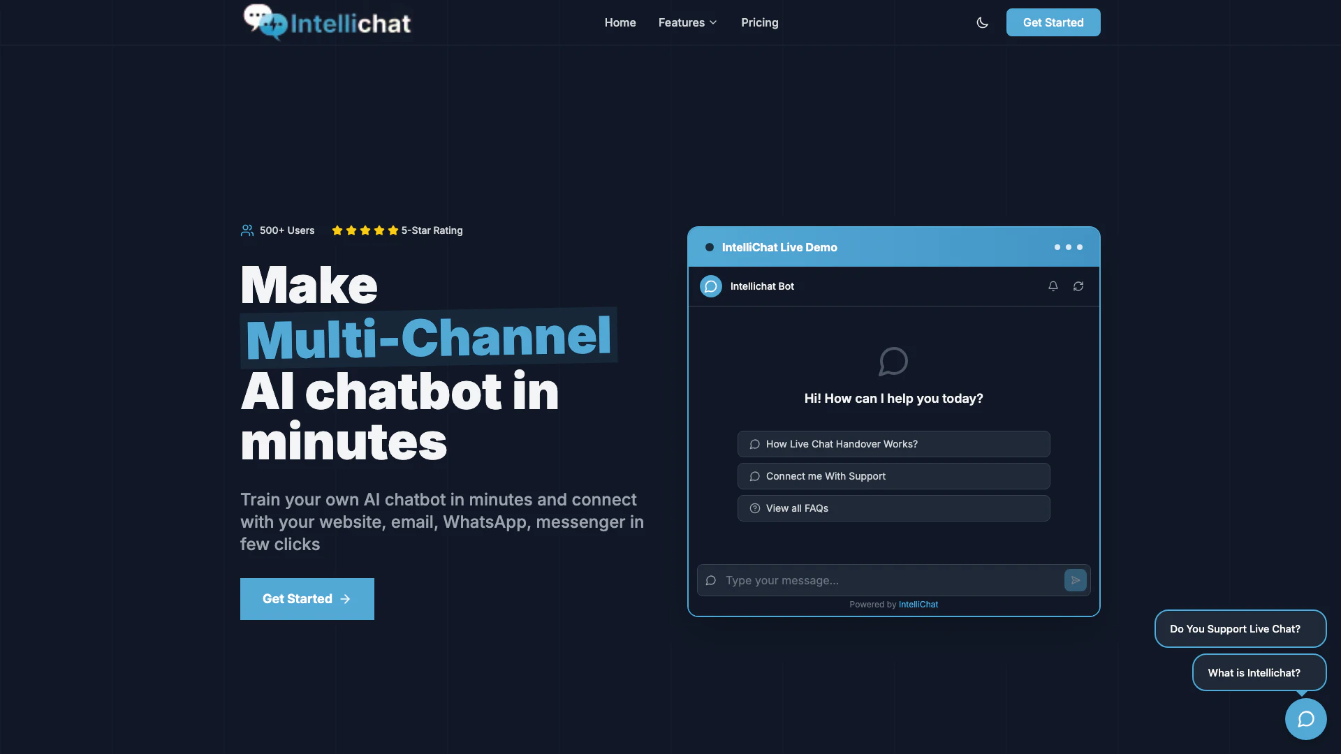 Intellichat website screenshot showing Build AI chatbots effortlessly for multi... interface and features