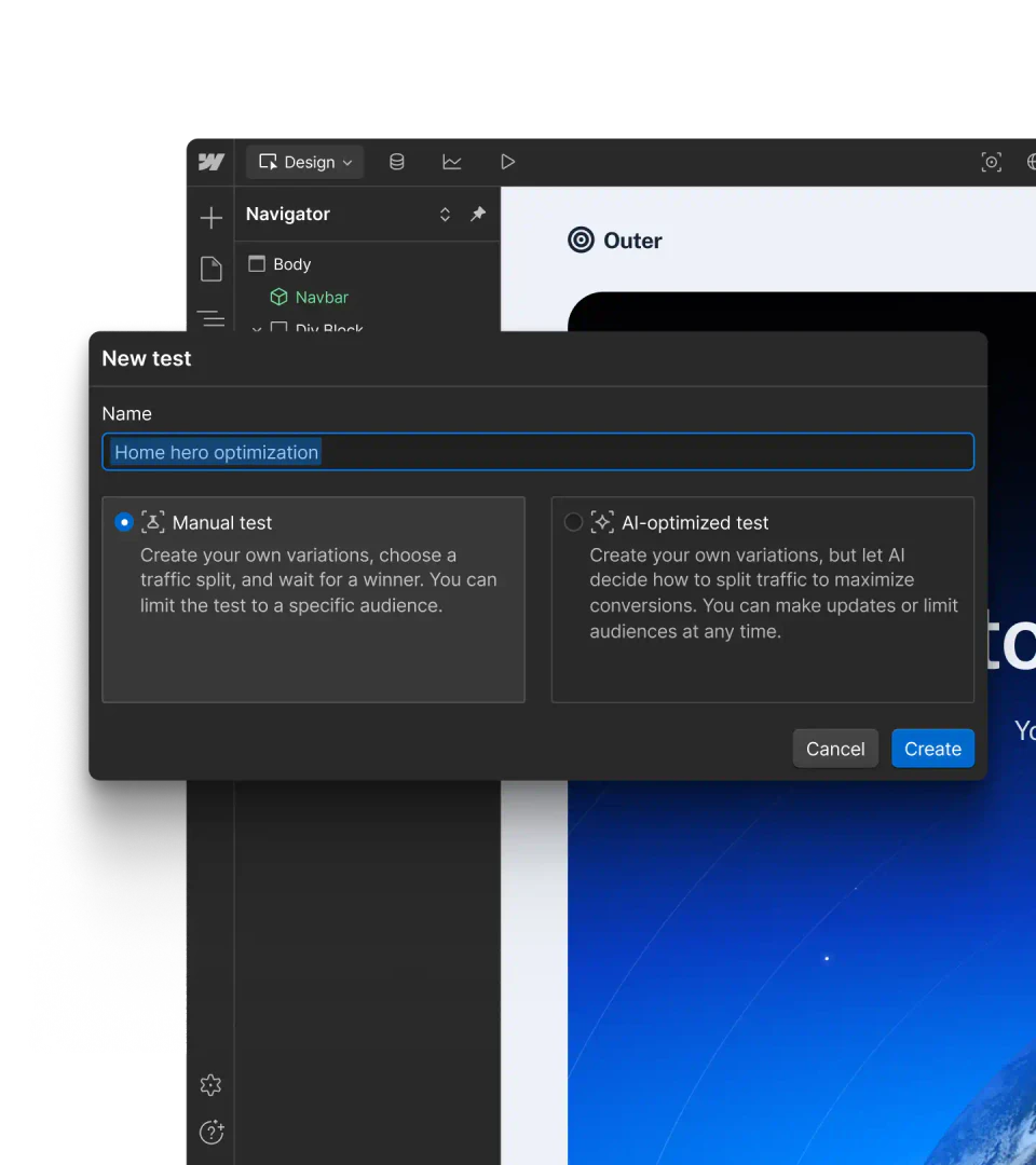 Intellimize AI-powered experiment creation interface