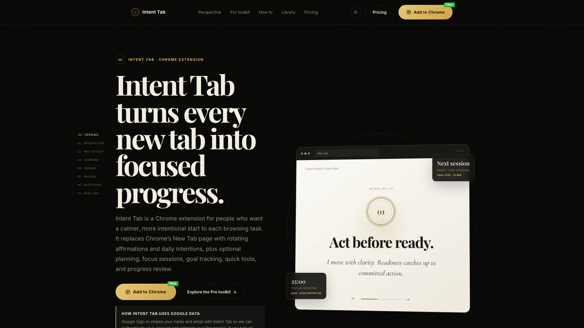 Intenttab website screenshot showing Intent Tab es una extensión de Chrome qu... interface and features