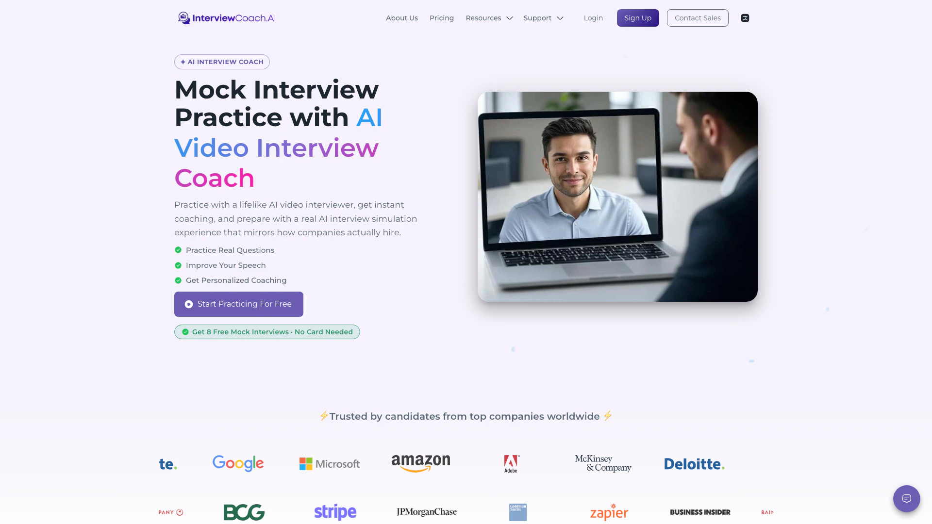 Interviewcoachai website screenshot showing Practice job interviews with our AI vide... interface and features