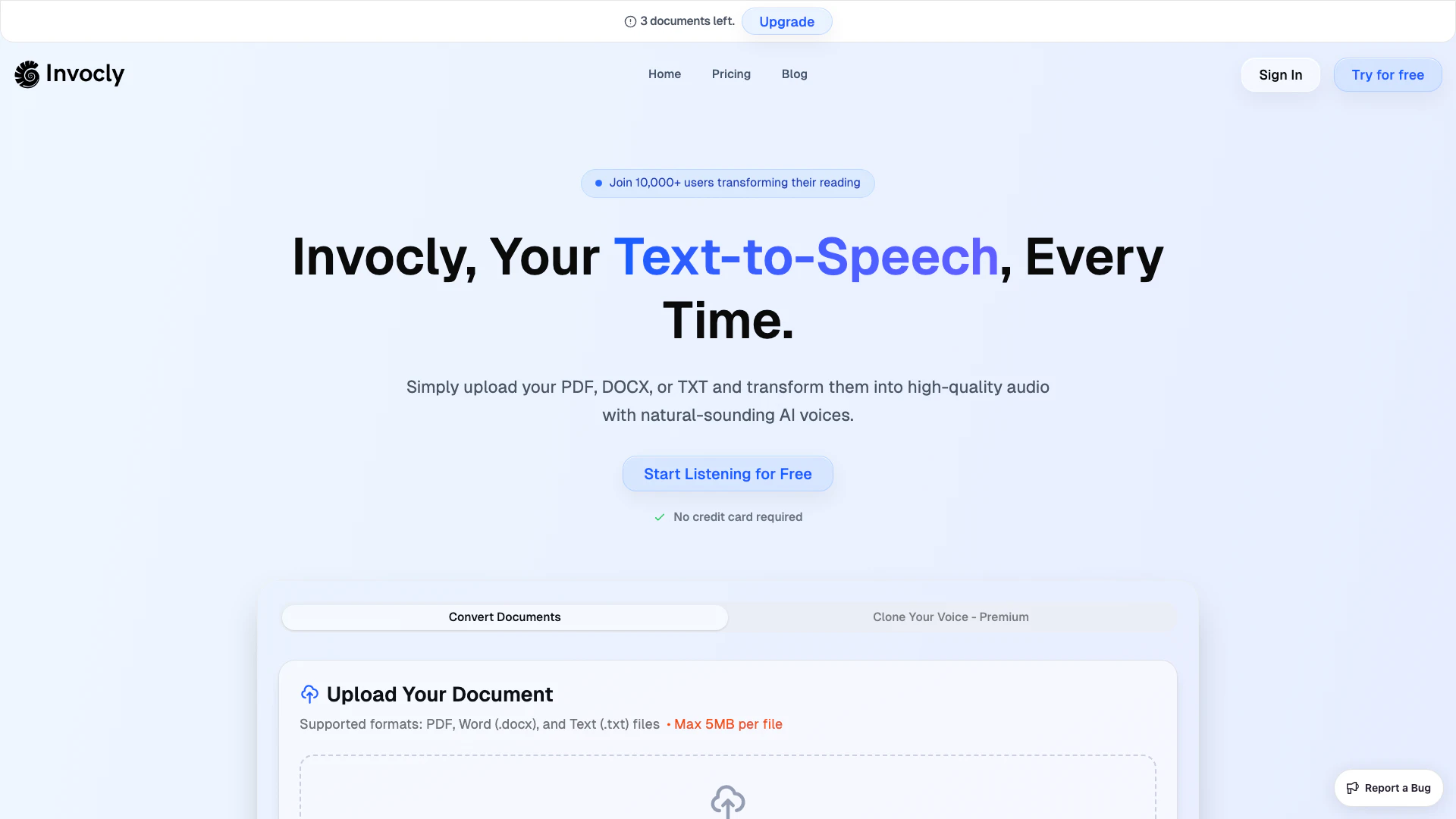 Invocly website screenshot showing Invocly is a text-to-speech web app conv... interface and features