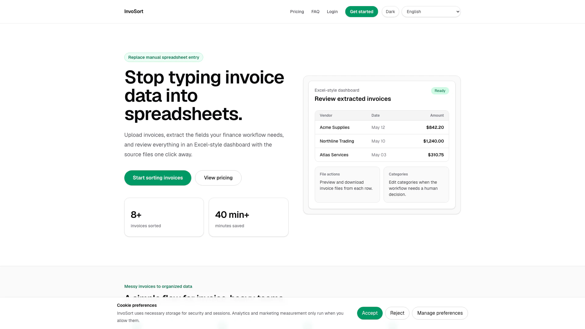 Invosort website screenshot showing Upload, process, and organize invoices e... interface and features