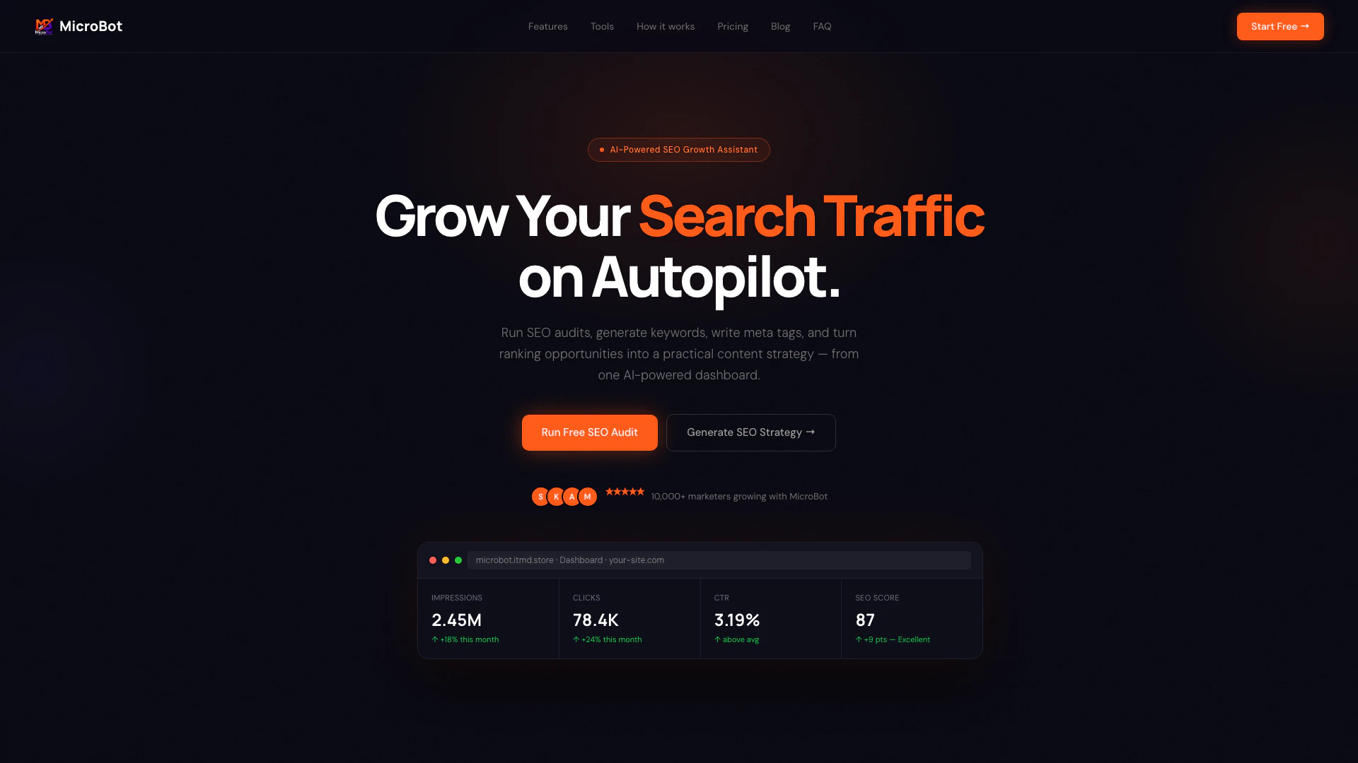 Itmd website screenshot showing Run SEO audits, generate keywords, write... interface and features