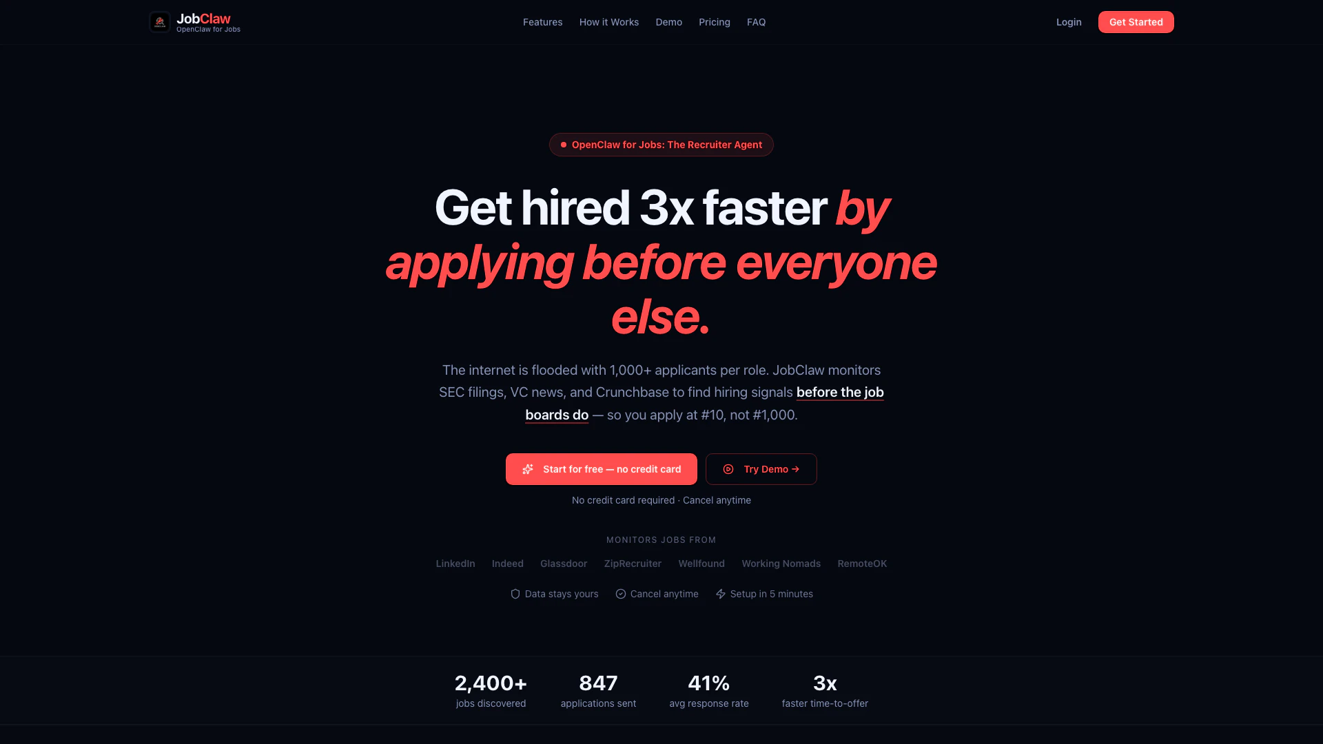 Jobclaw website screenshot showing JobClaw helps you find early hiring sign... interface and features