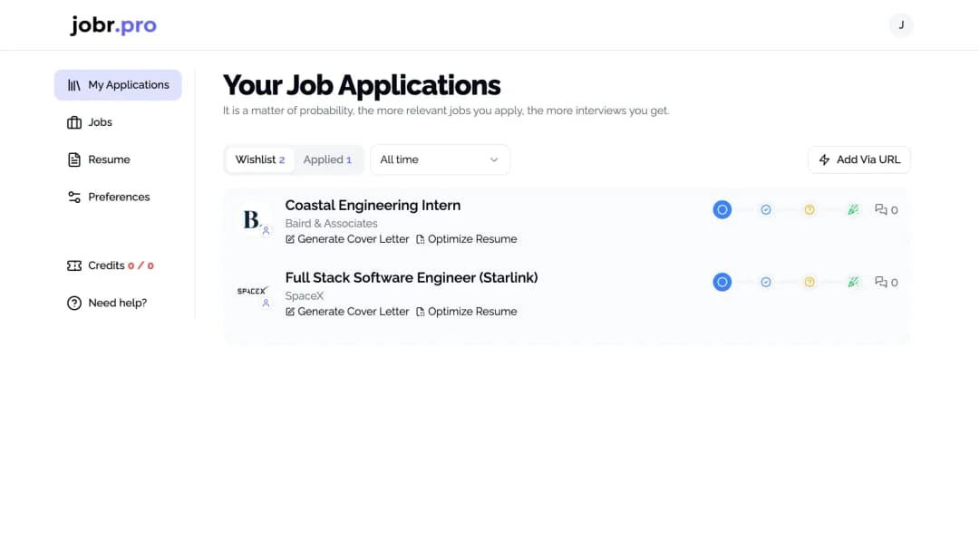 Jobr job tracker interface