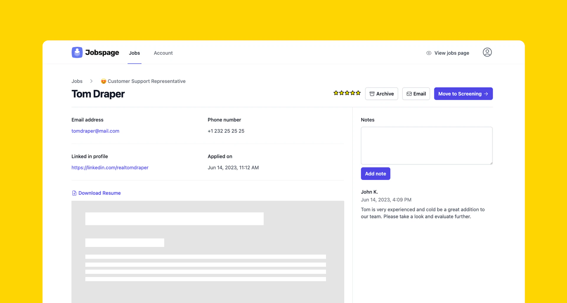 Jobspage applicant resume management feature