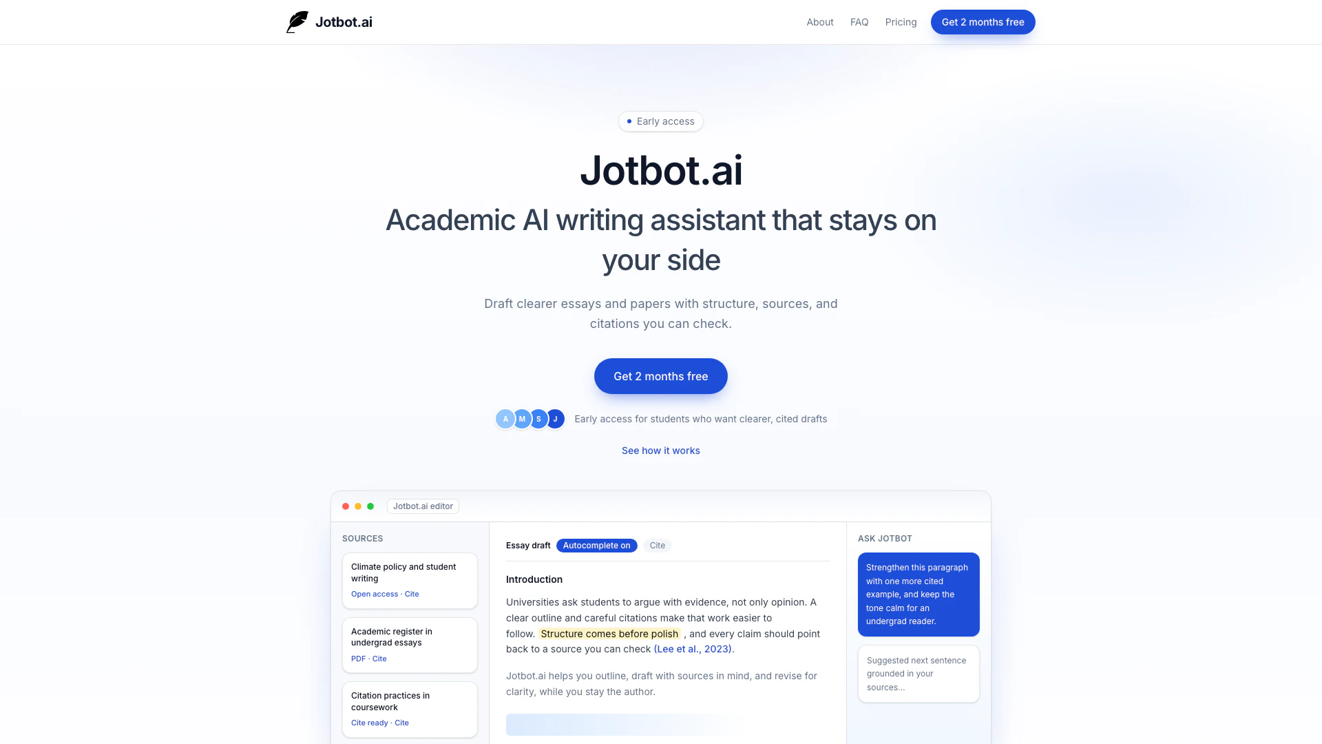 Jotbotai website screenshot showing Jotbot.ai is an academic AI writing assi... interface and features