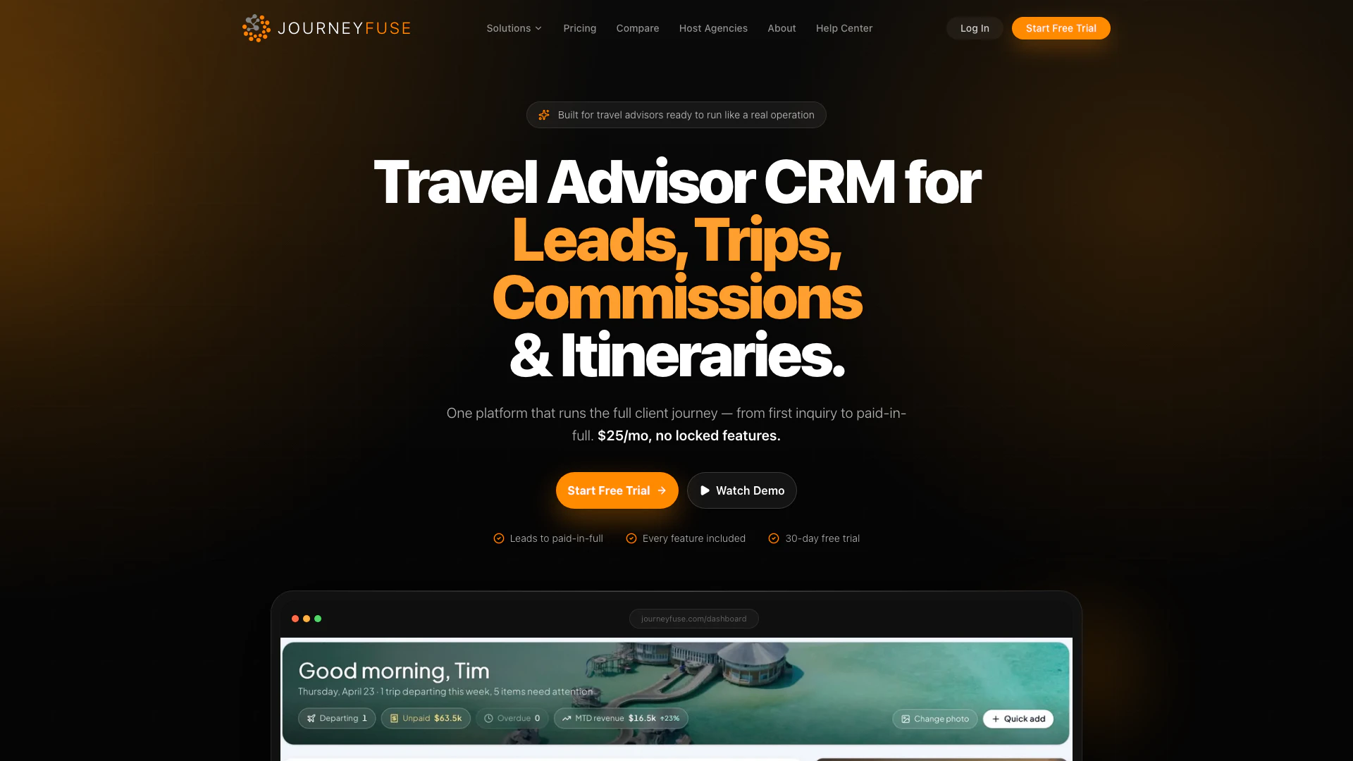 Journeyfuse website screenshot showing JourneyFuse is a comprehensive travel ad... interface and features