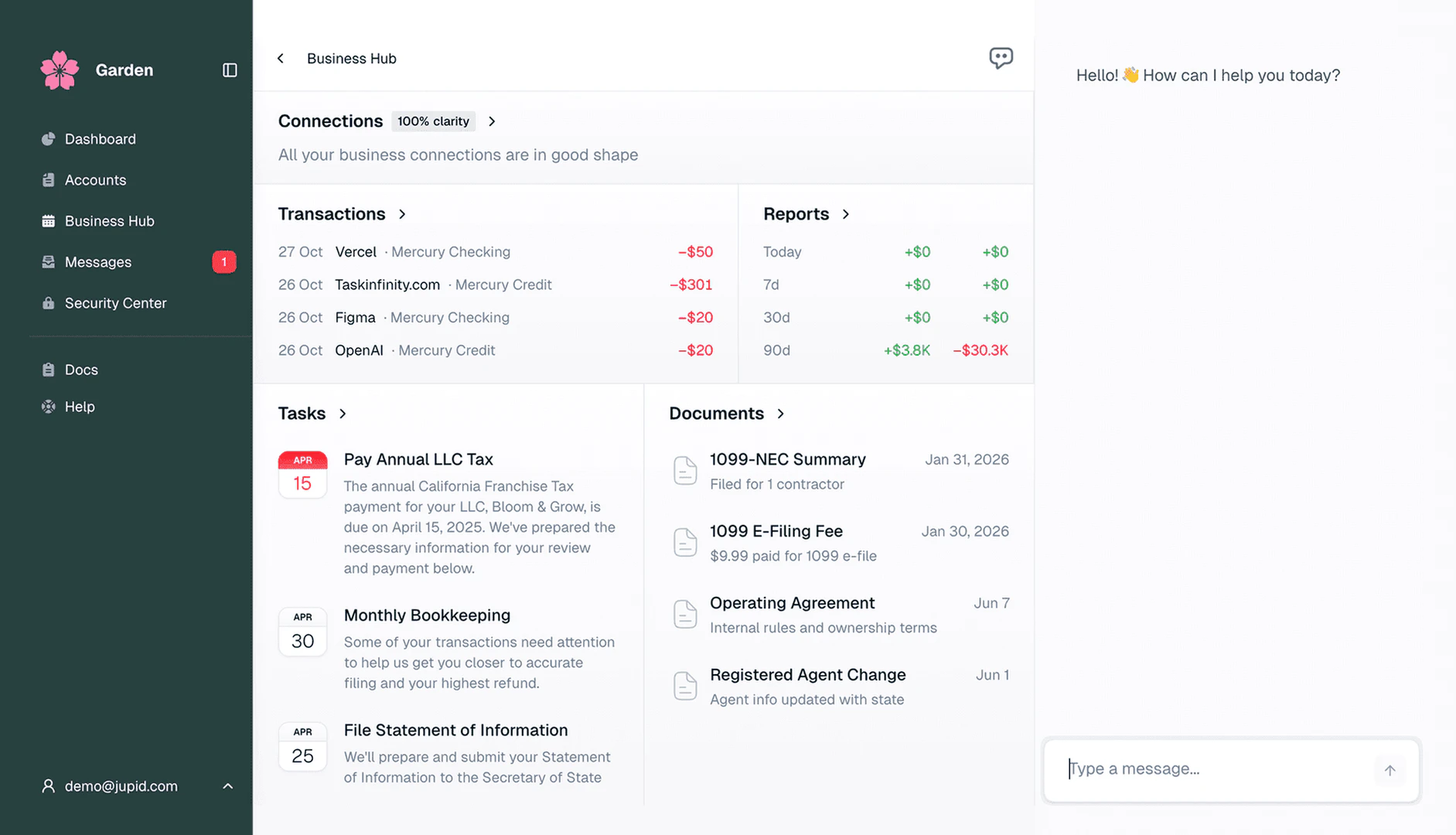 Jupid embedded business hub interface