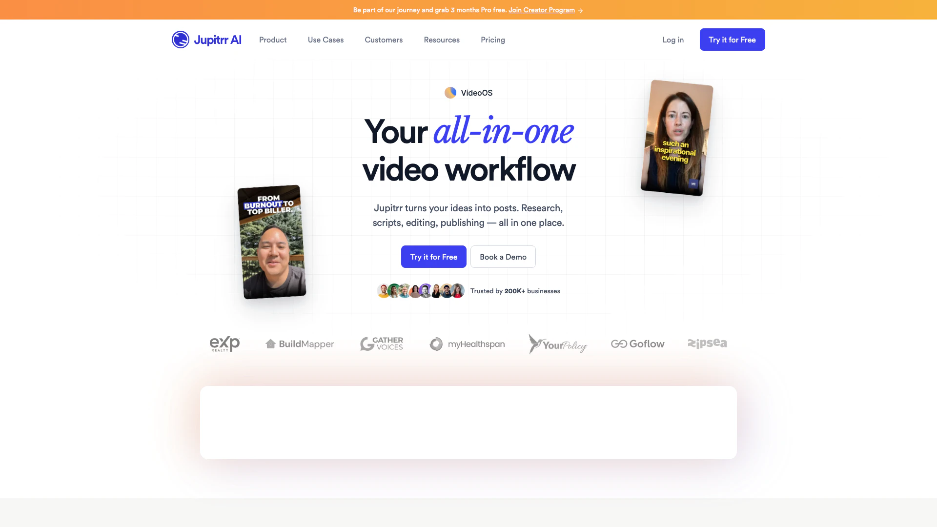 Jupitrr website screenshot showing Jupitrr AI helps business owners create ... interface and features