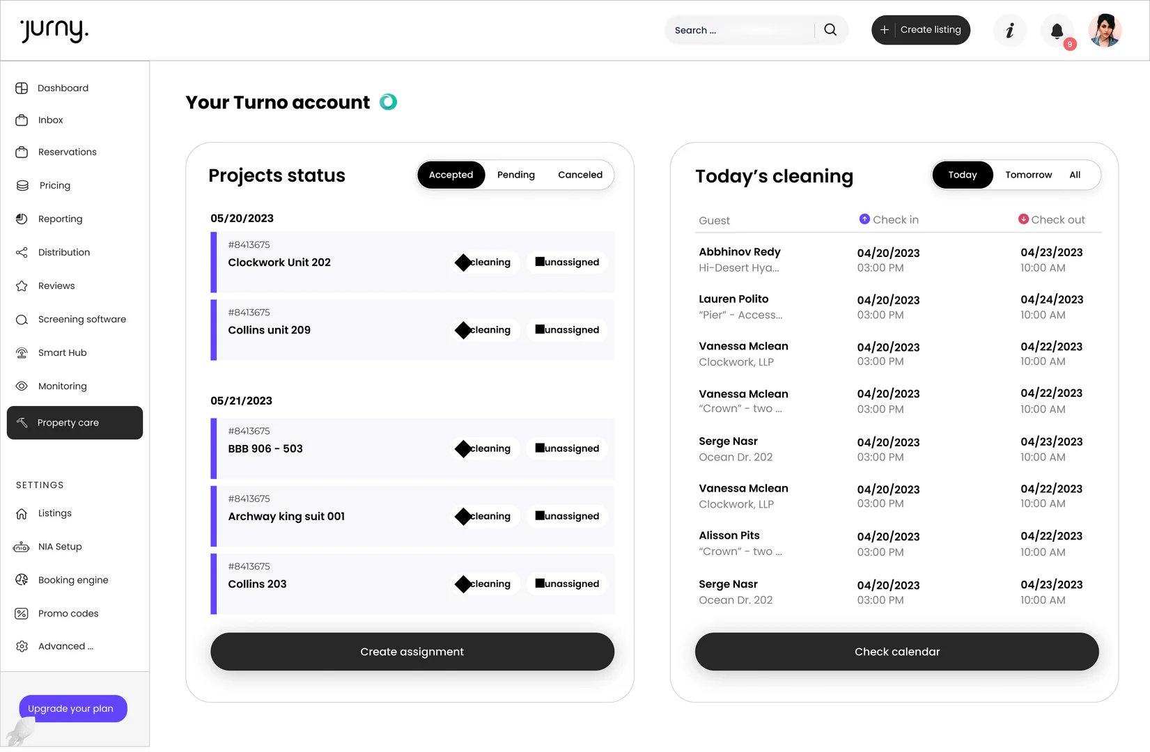 Jurny housekeeping and maintenance management example