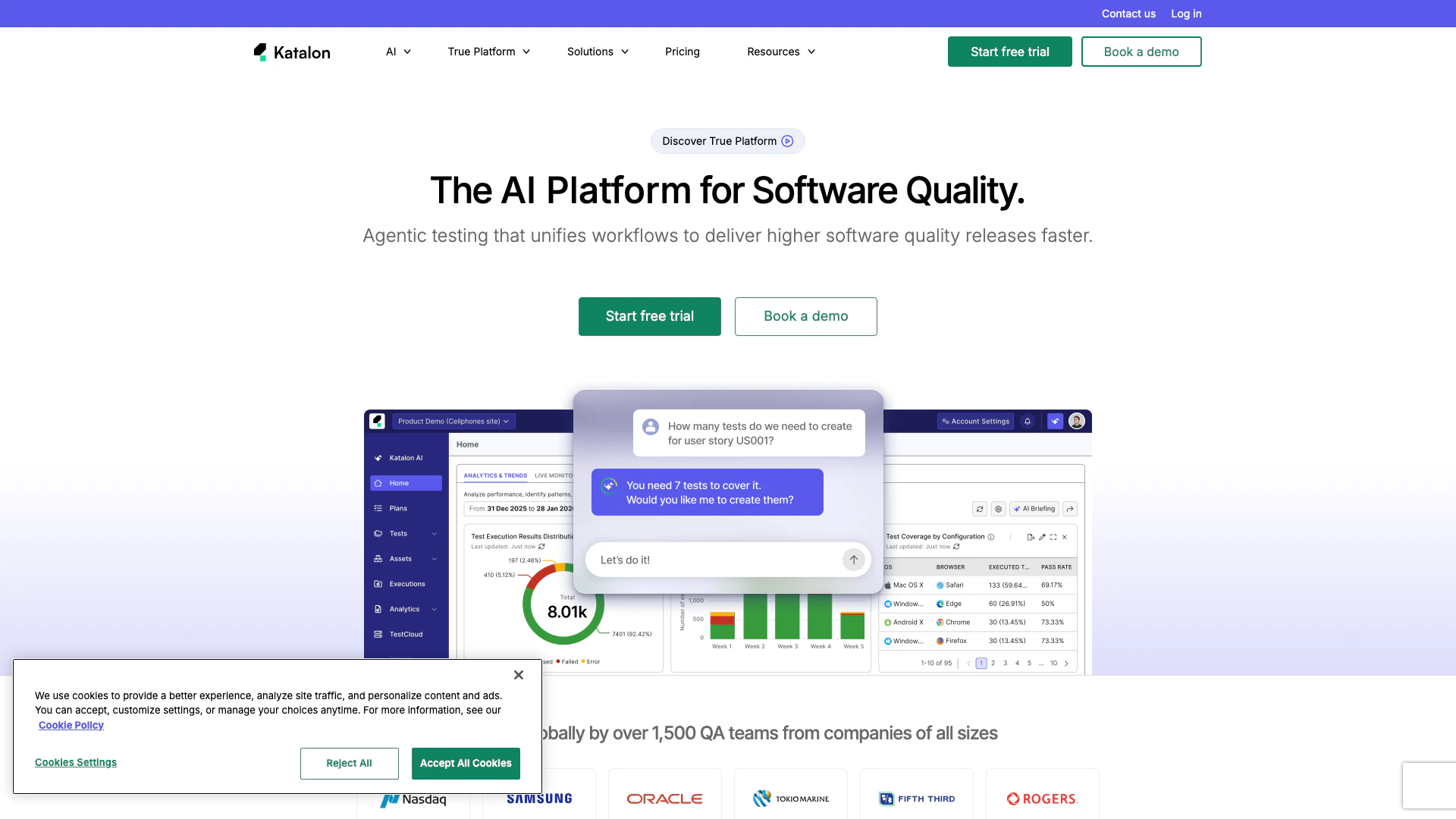 Katalon website screenshot showing Katalon empowers teams with AI-driven te... interface and features