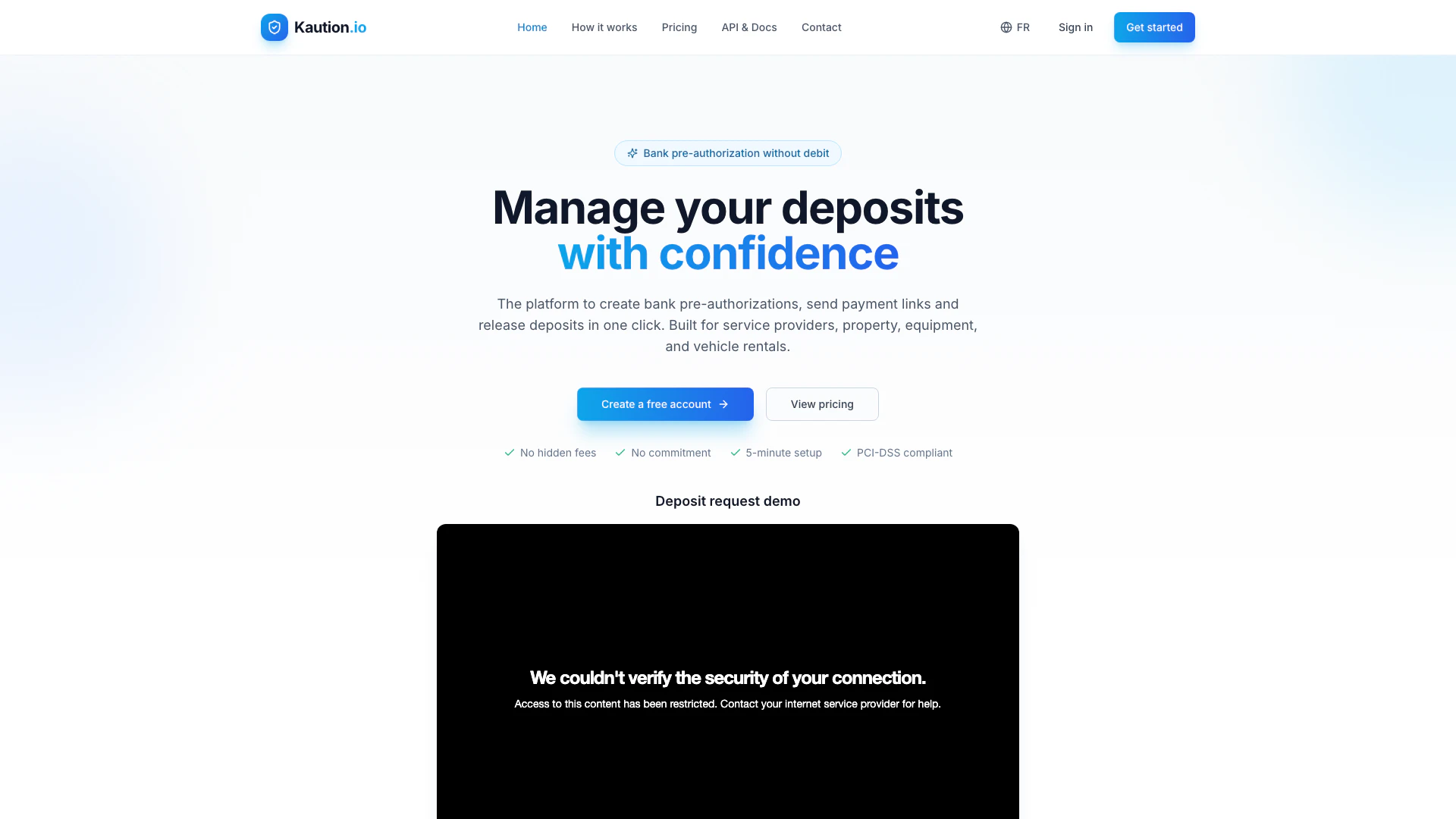 Kaution website screenshot showing Manage your bank guarantees and payments... interface and features