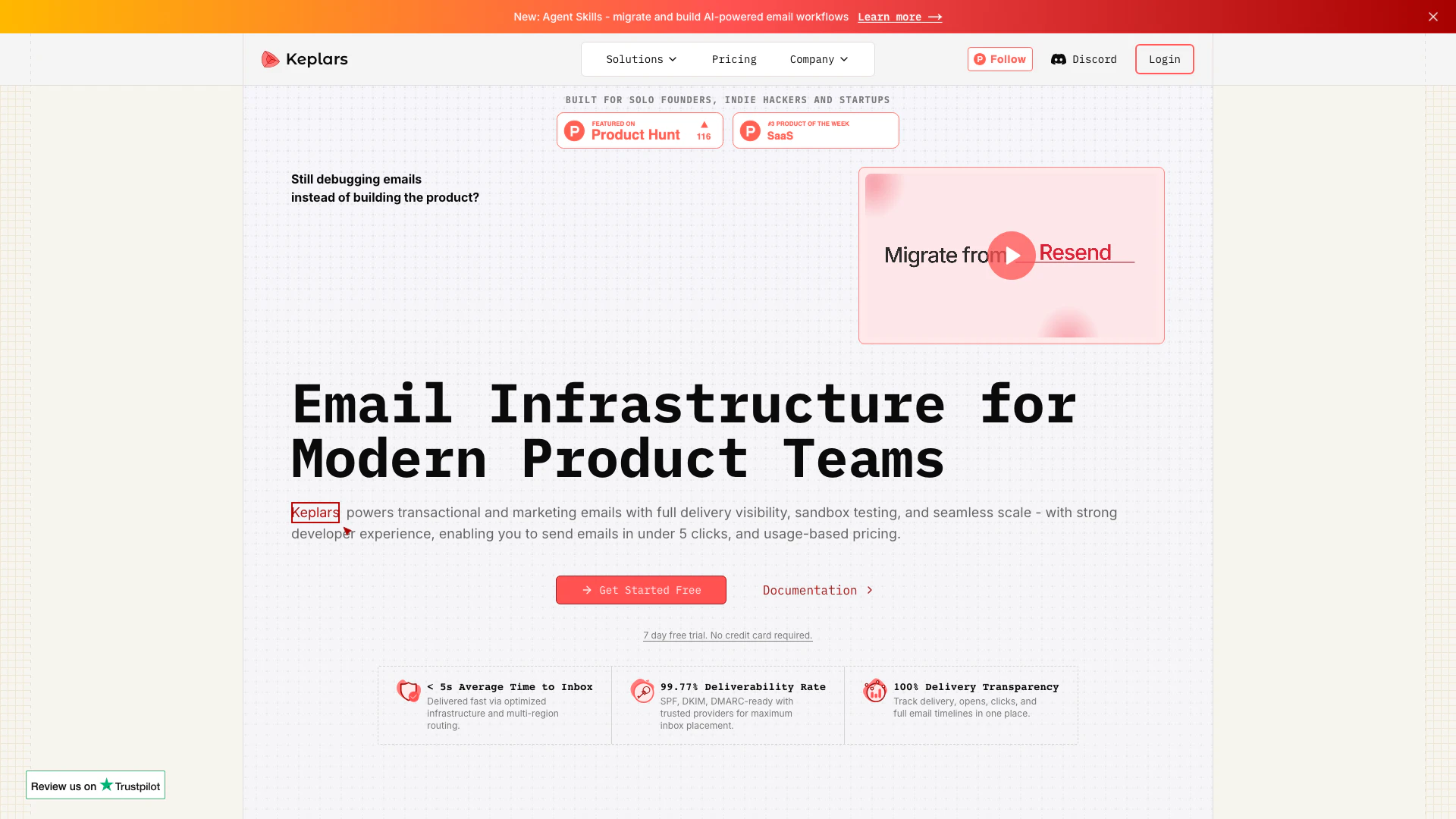 Keplars website screenshot showing Keplars는 제품 팀을 위한 현대적인 이메일 인프라를 제공하여 원활한... interface and features