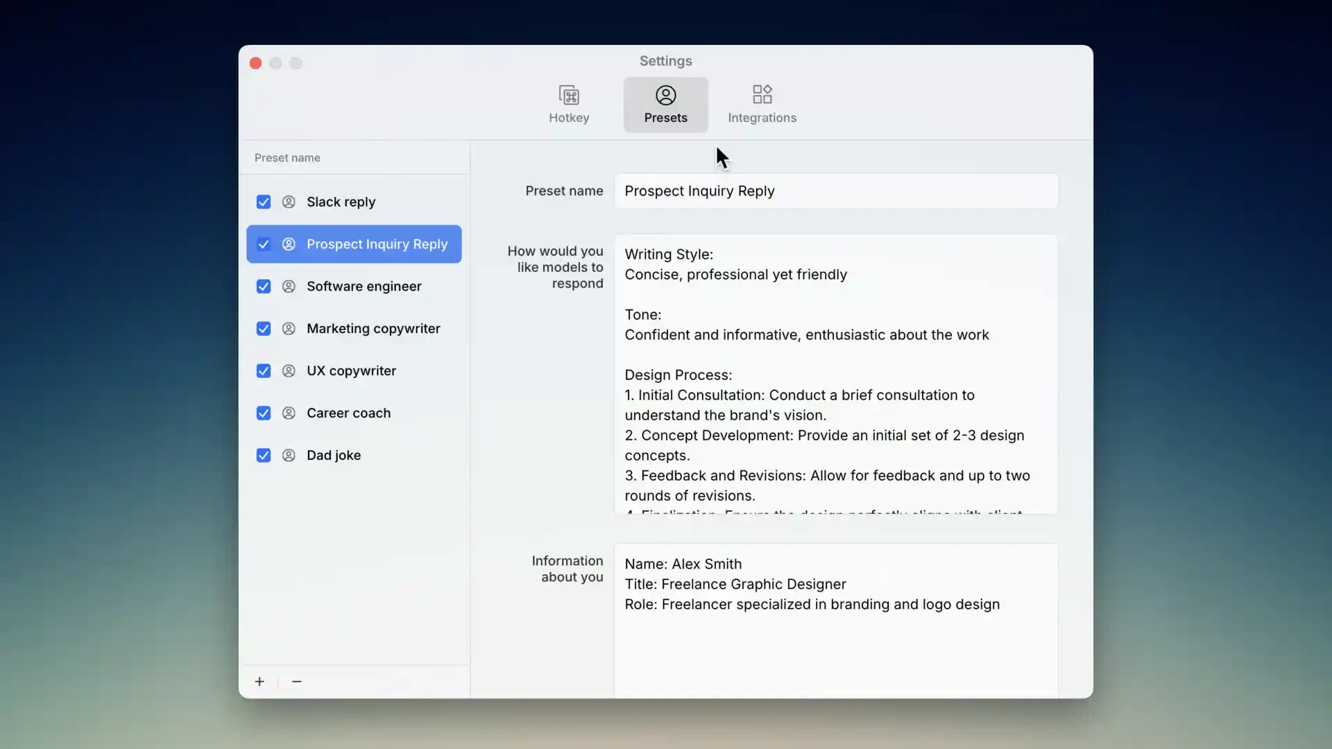 Kerlig feature demonstration for tailored writing