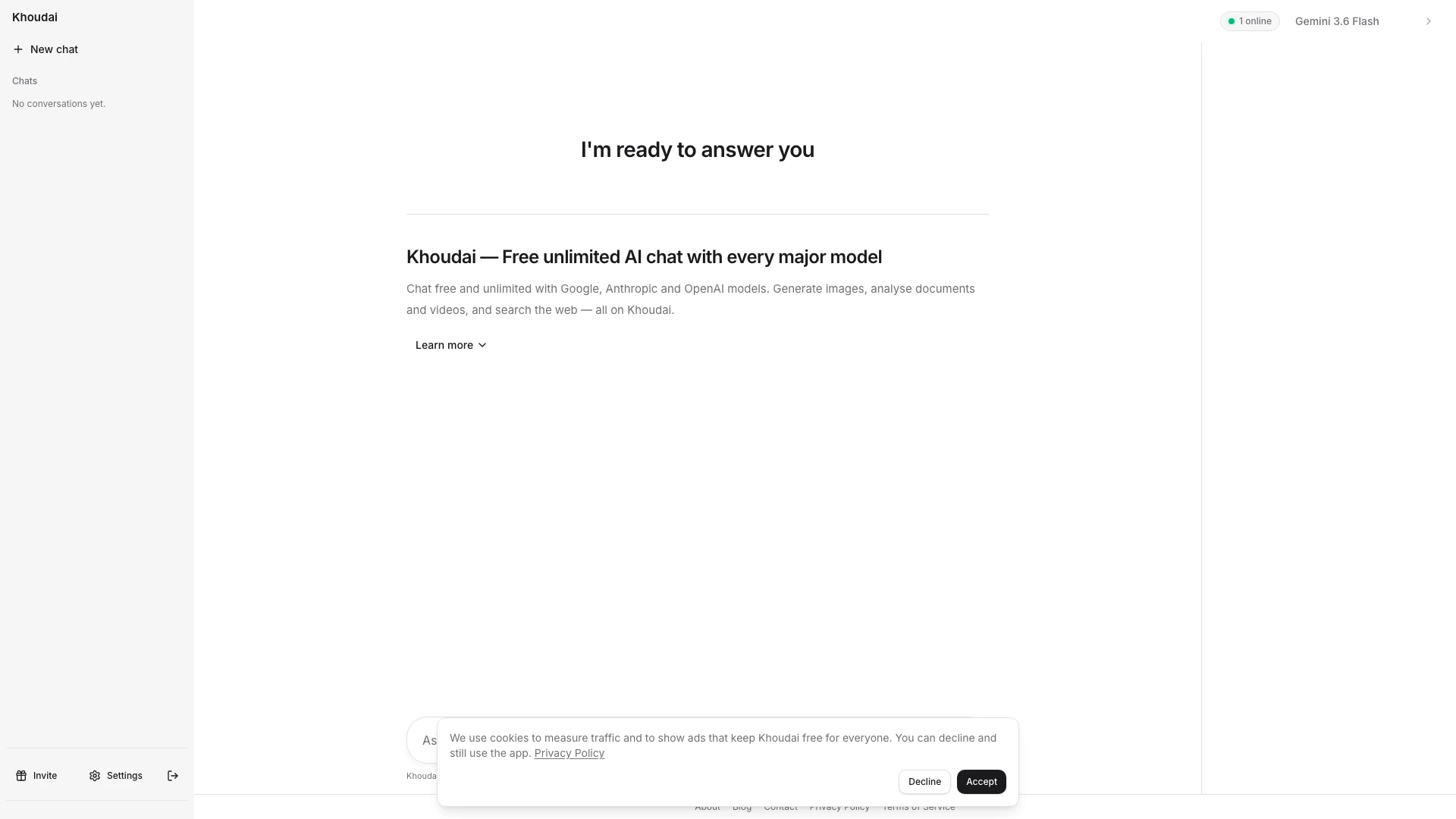Khoudai website screenshot showing Chat free and unlimited with Google, Ant... interface and features