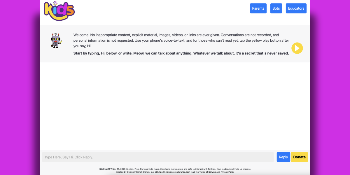 Kids Chatgpt website screenshot showing Kids ChatGPT | Learn, Play & Talk with A... interface and features