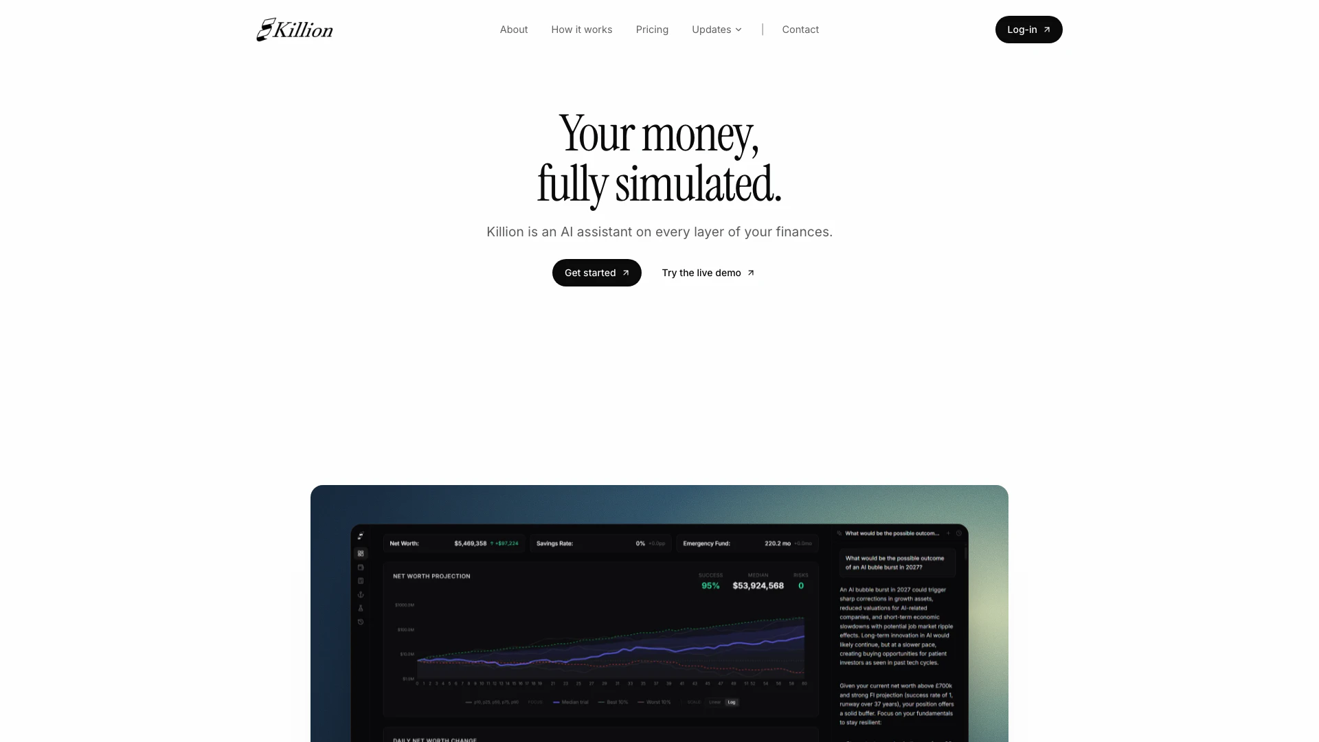 Killionlabs website screenshot showing Killion Labs simulates your money across... interface and features