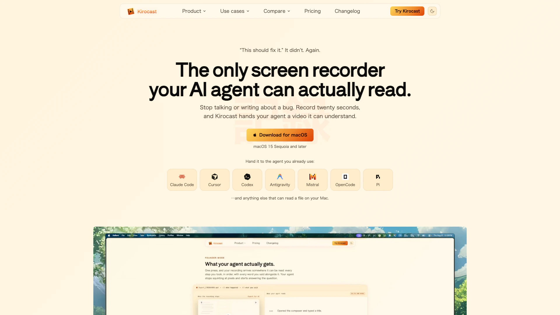 Kirocast website screenshot showing Kirocast is the only screen recorder you... interface and features