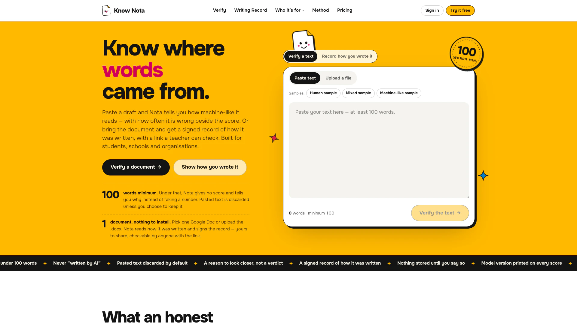 Knownota website screenshot showing Verifica qué tan parecido a la IA suena ... interface and features