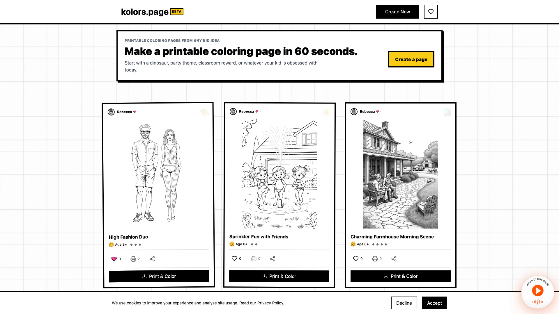 Kolors website screenshot showing Crie e compartilhe lindas páginas de col... interface and features