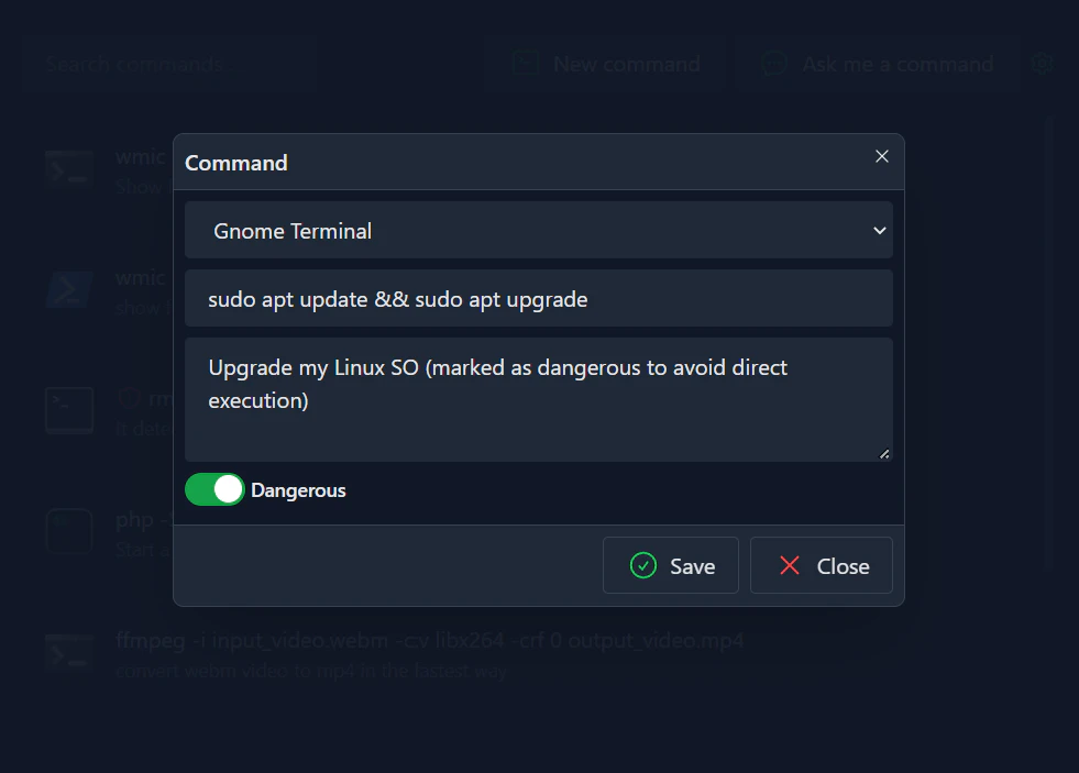 Komandi command management features demonstration