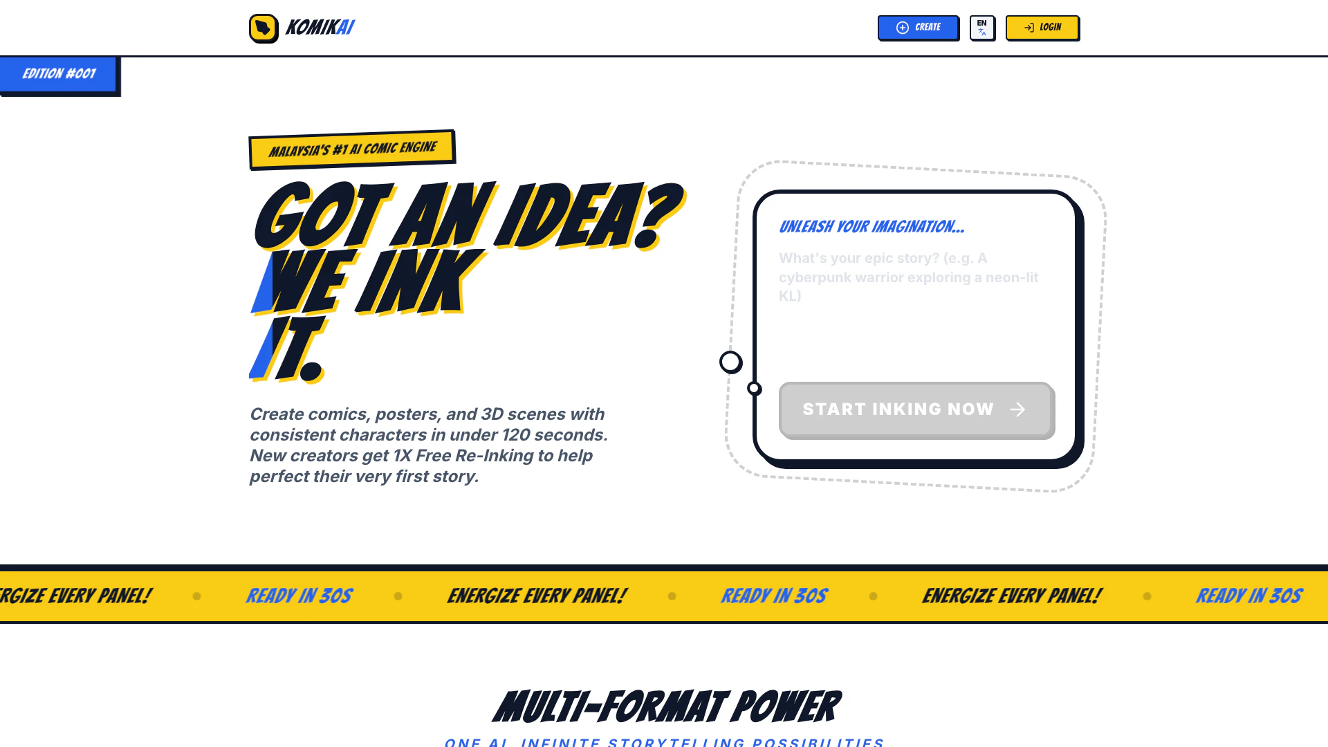 Komikai website screenshot showing Transform your story ideas into professi... interface and features