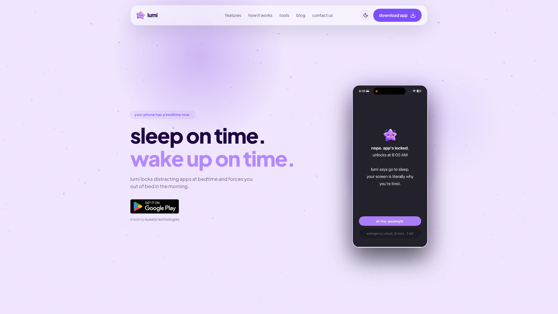 Kueenztechnologies website screenshot showing Lumiは就寝時に気を散らすアプリをロックし、朝に時間通りに起きることを保証しま... interface and features