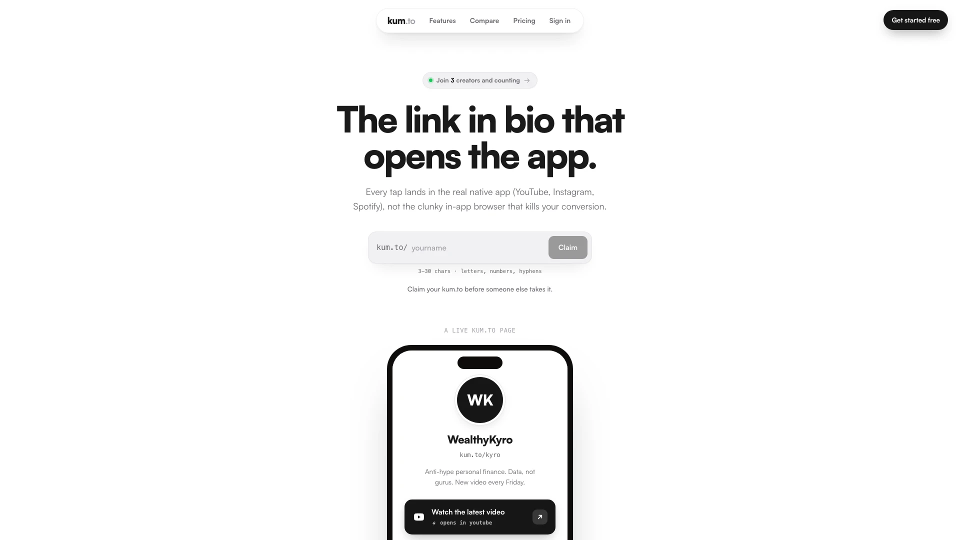 Kum website screenshot showing Kum is a premium, mobile-first link-in-b... interface and features