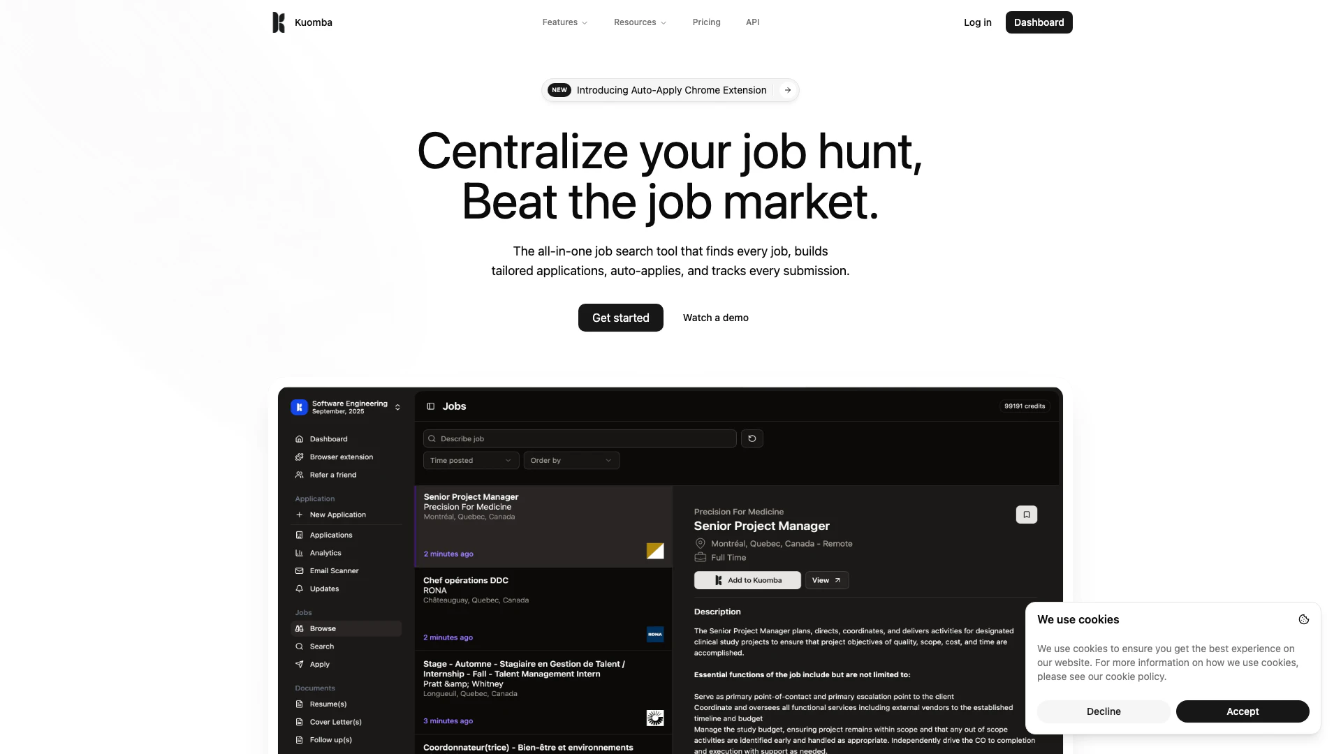 Kuomba website screenshot showing Kuomba is your all-in-one job search too... interface and features