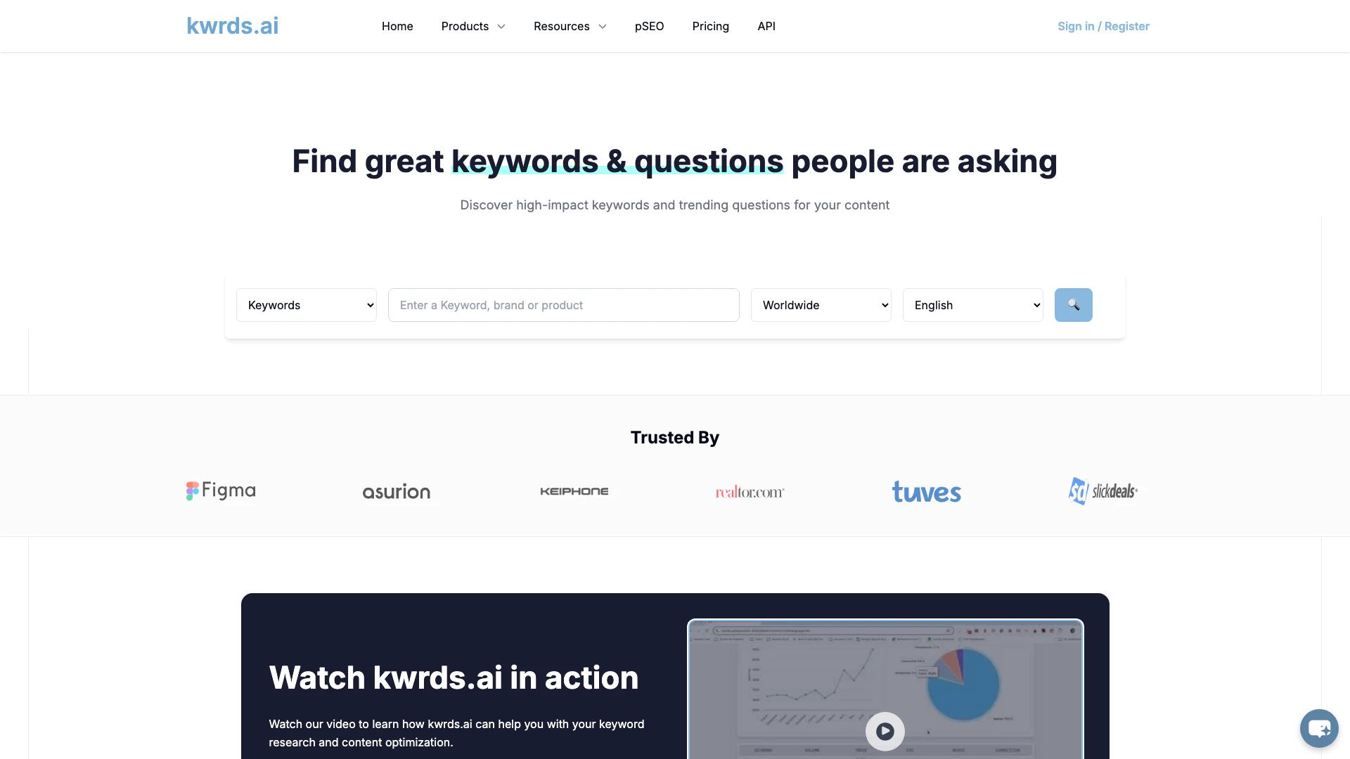 Kwrdsai website screenshot showing Kwrdsai offers unlimited keyword insight... interface and features