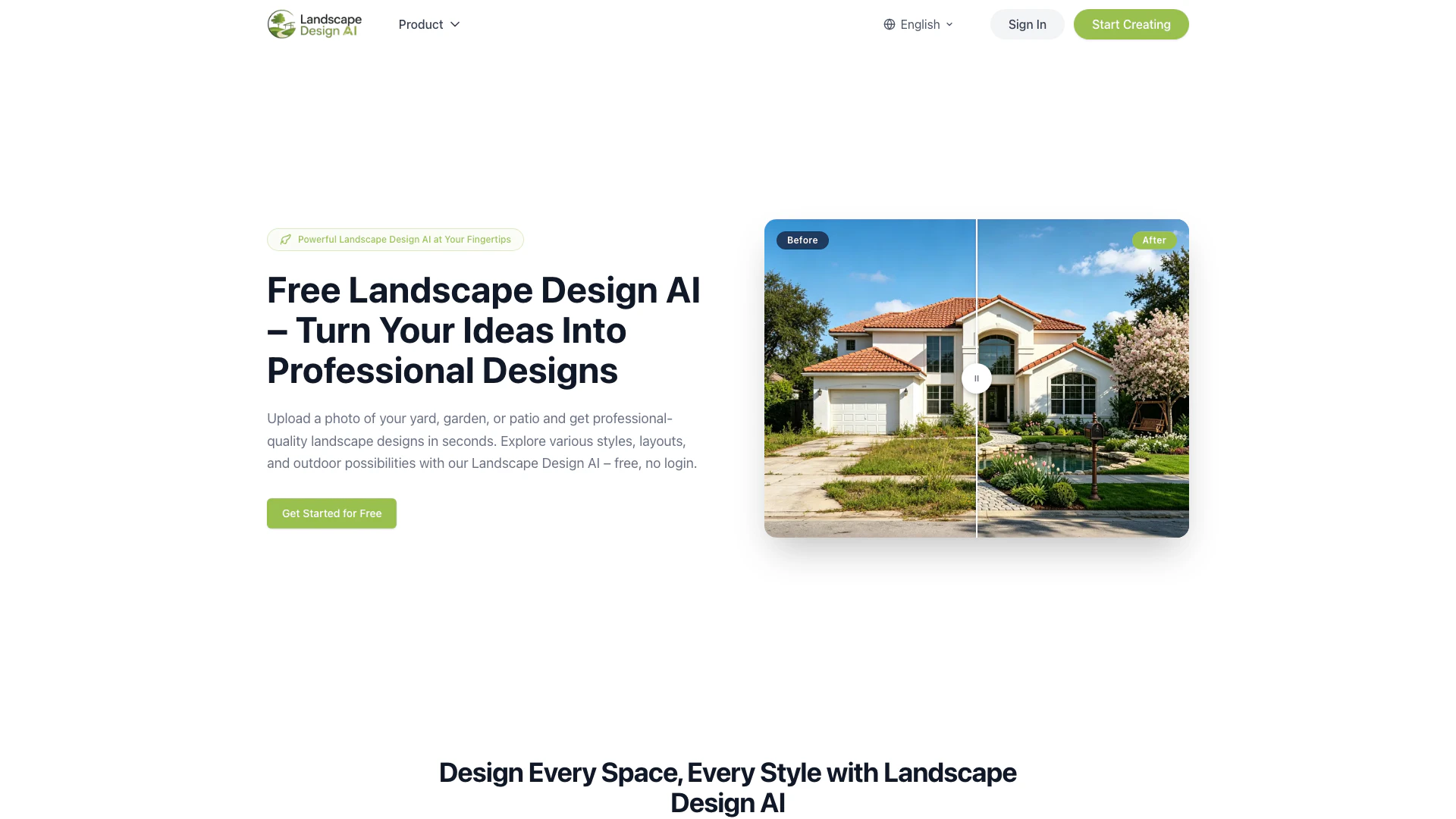 Landscape Designai website screenshot showing Landscape Design AI creates photorealist... interface and features