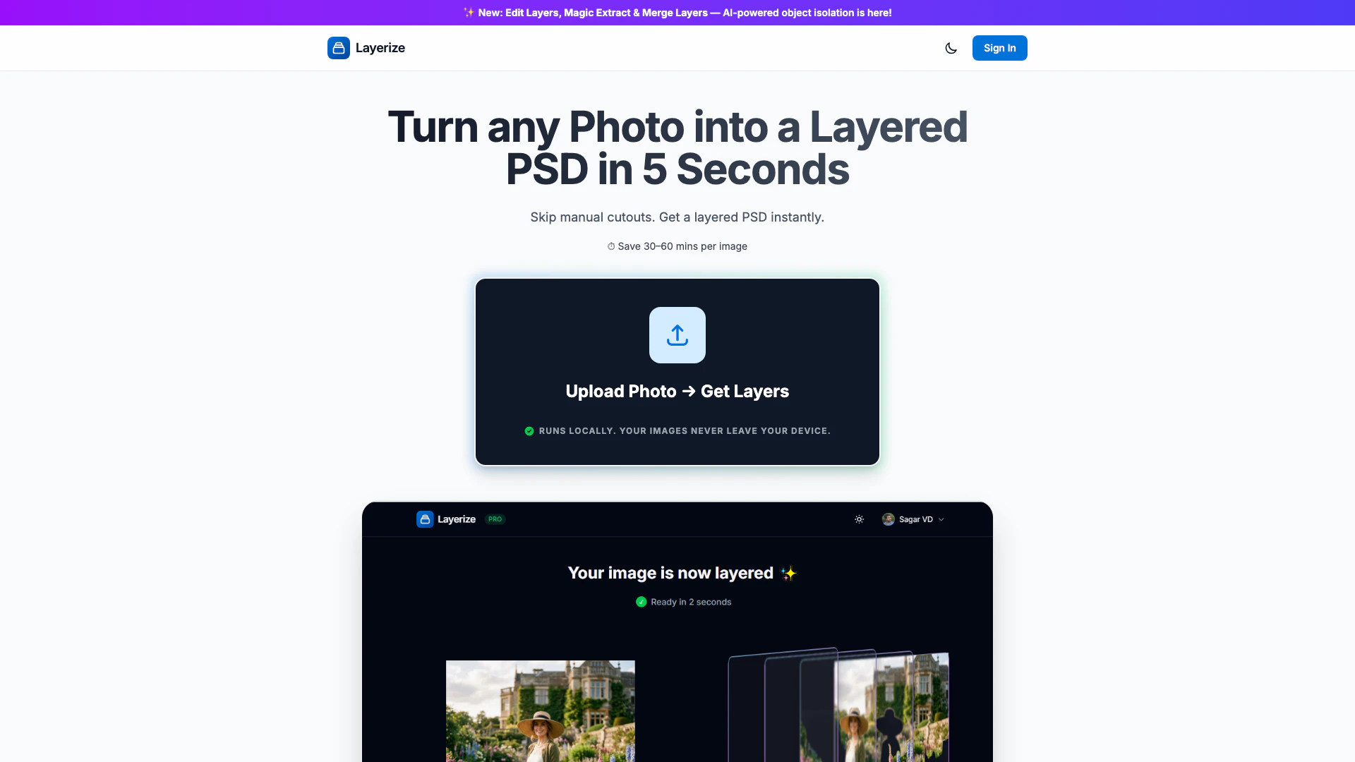 Layerize website screenshot showing Layerize allows you to split any image i... interface and features