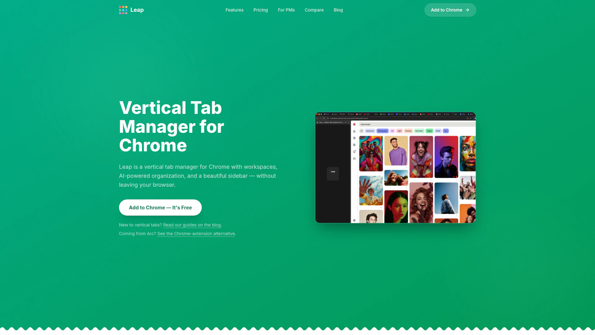 Leap Tabs website screenshot showing Leap Tabs is a powerful vertical tab man... interface and features
