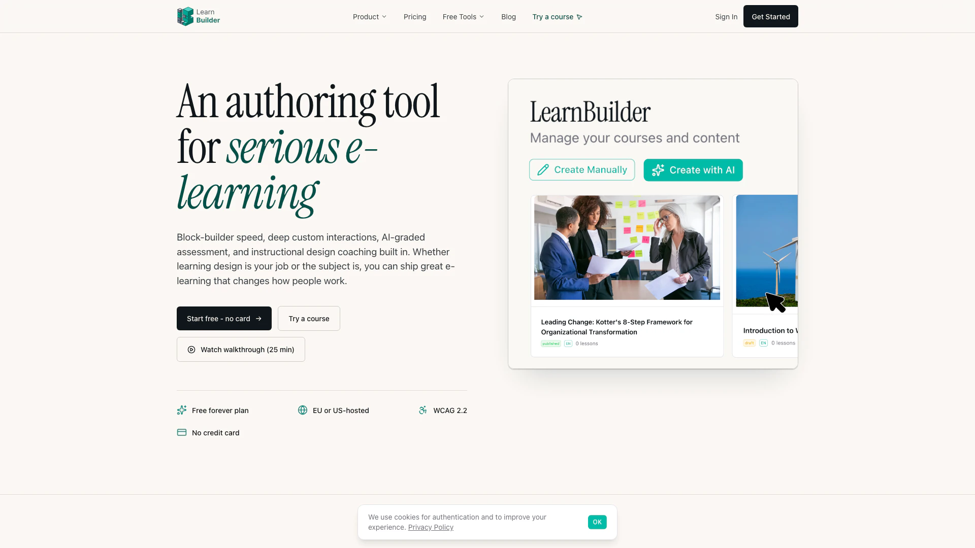 Learnbuilder website screenshot showing Learnbuilder 是一款创新的创作工具,结合了快速和深度自定义交互,旨在... interface and features
