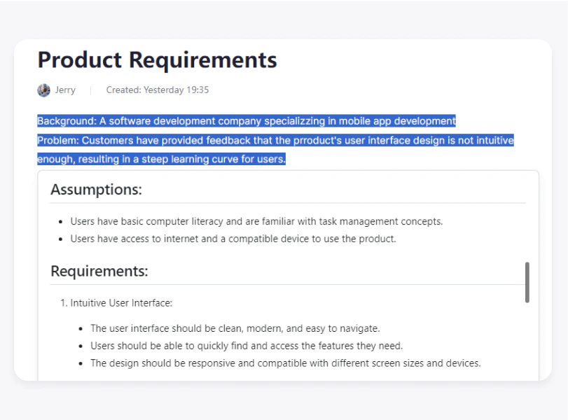 Leiga AI PRD writing feature demonstration