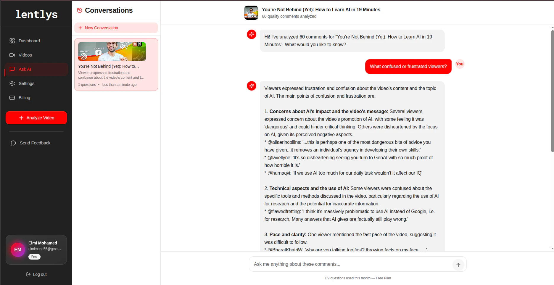 Lentlys AI-powered YouTube comment analysis tool overview