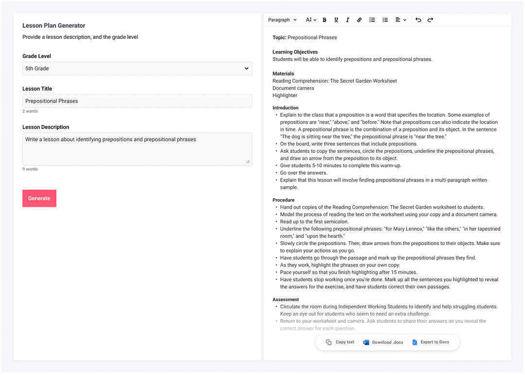 LessonPlans.ai product interface overview