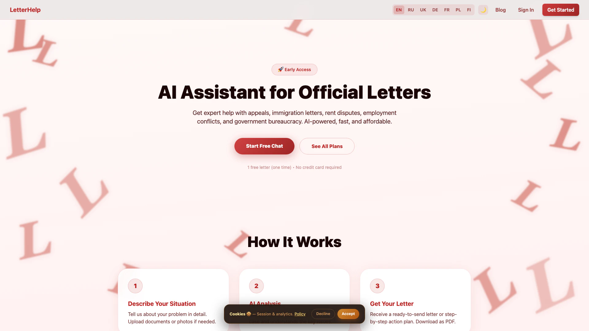 Letterhelp website screenshot showing Letterhelp provides AI-powered assistanc... interface and features