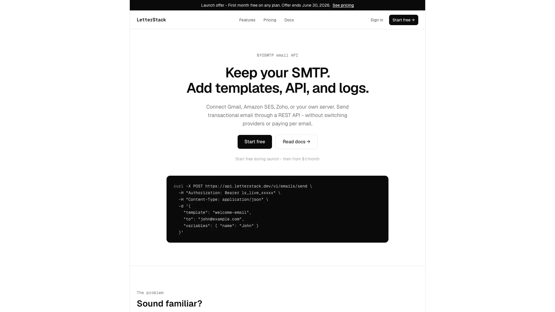 Letterstack website screenshot showing Letterstack is an email API for develope... interface and features