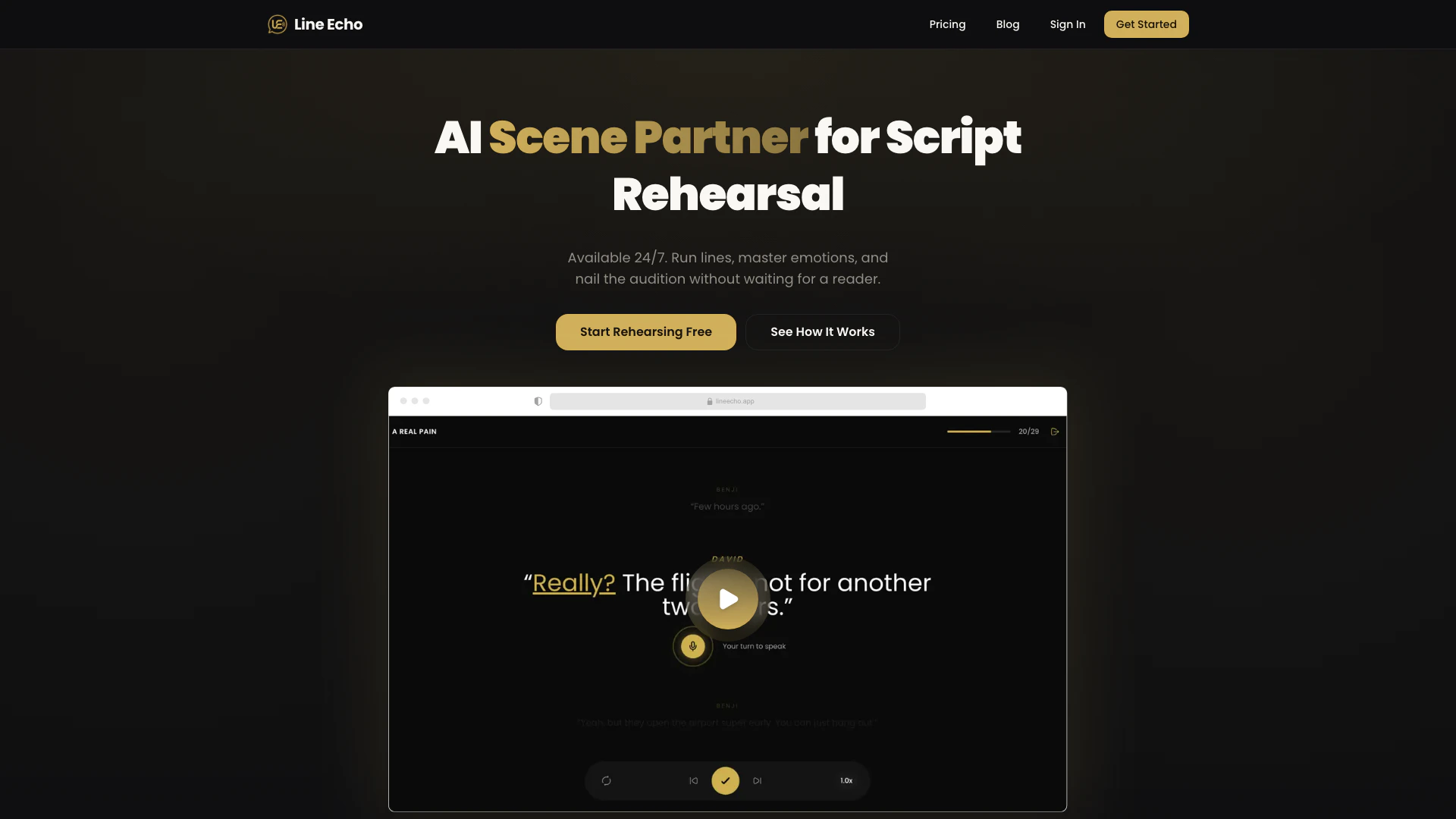 Lineecho website screenshot showing Lineecho is your AI scene partner for sc... interface and features