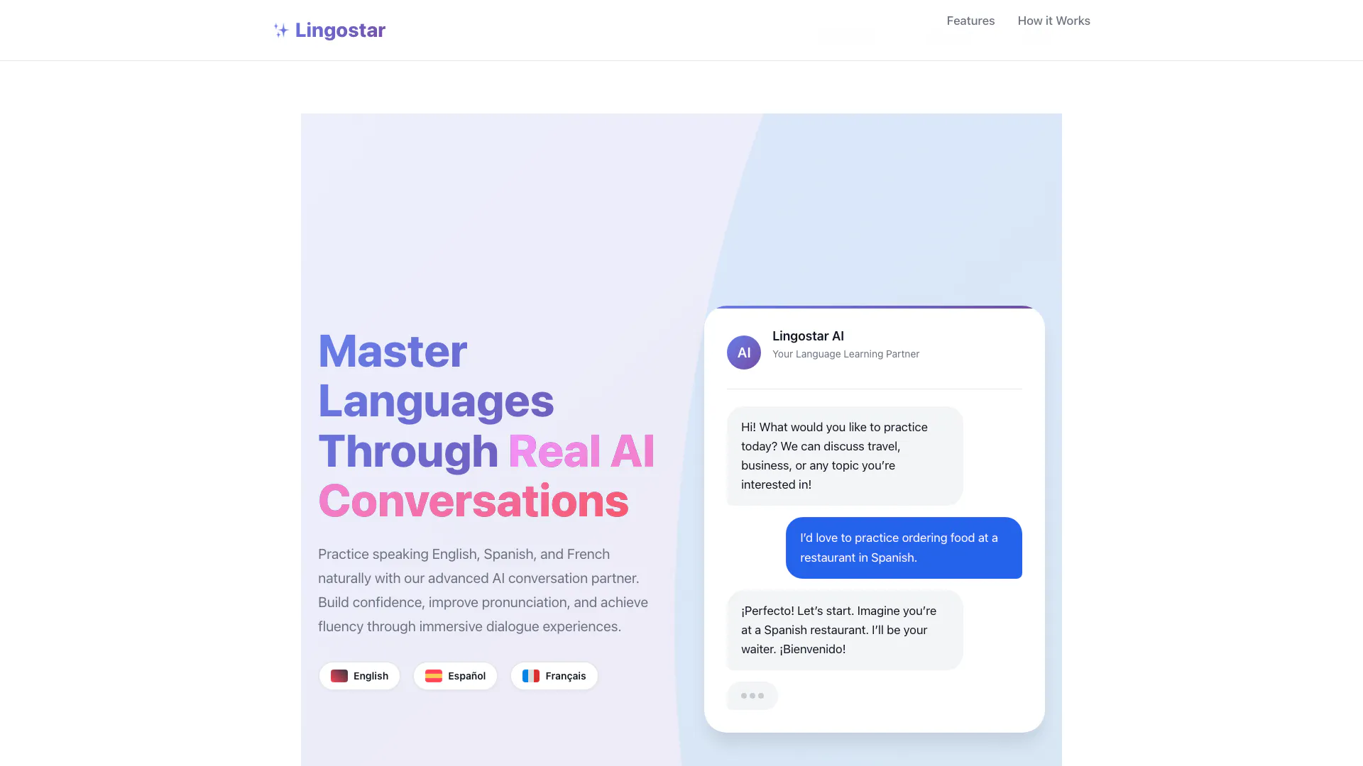 Lingostar Ai website screenshot showing Pratiquez l'anglais, l'espagnol et le fr... interface and features