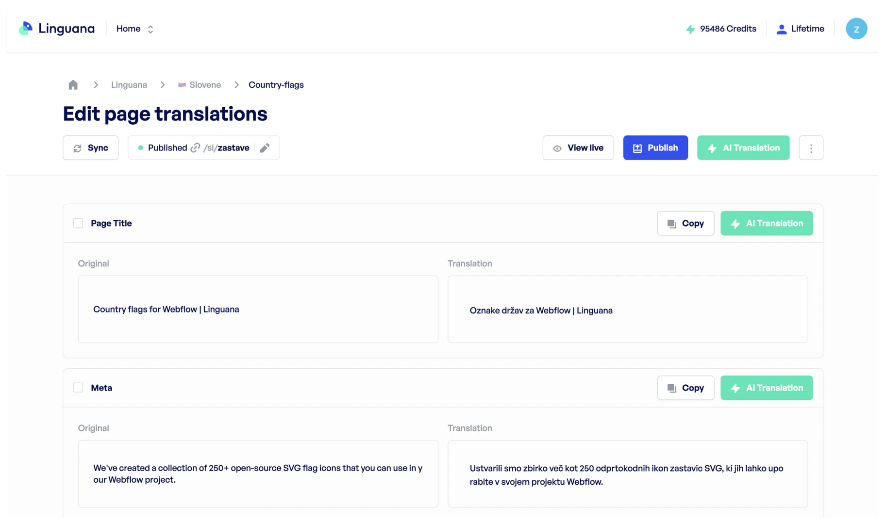 Linguana product overview showing translation interface