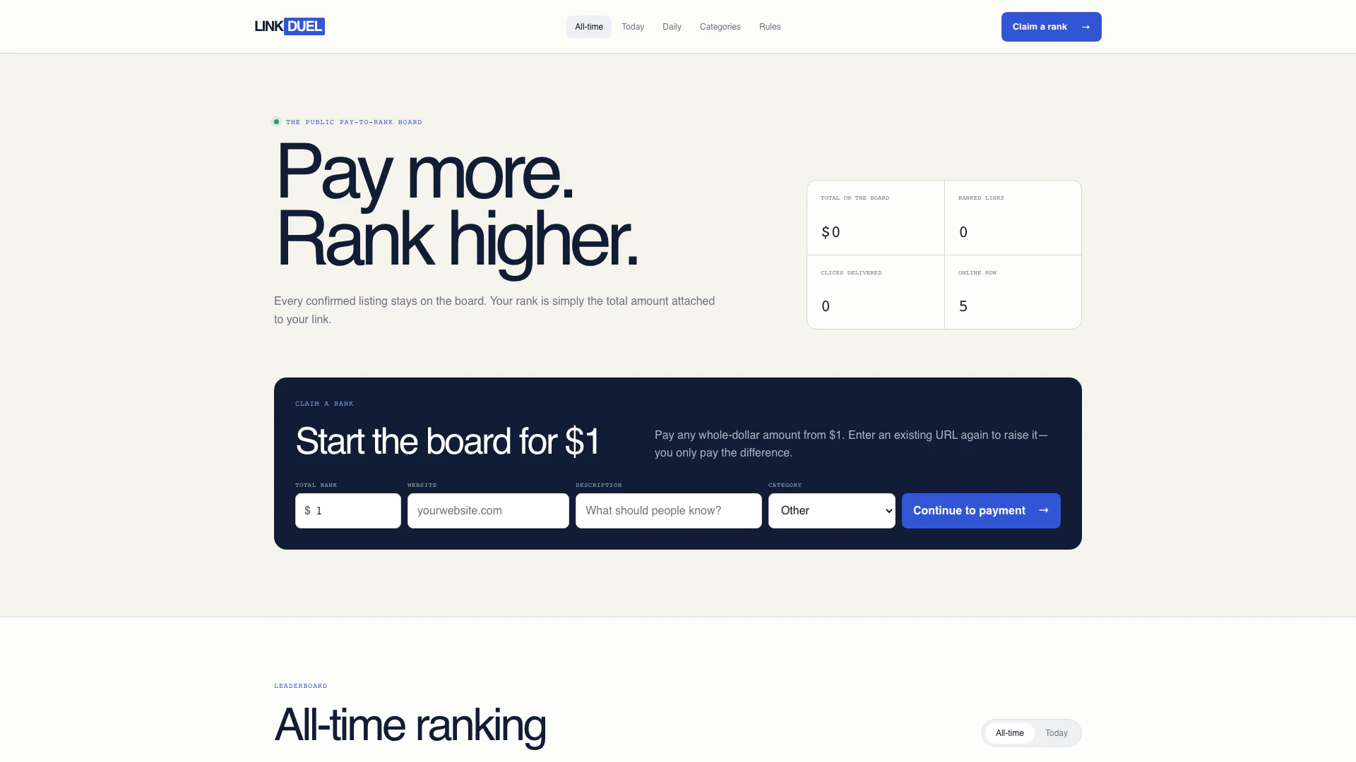 Linkduel website screenshot showing LinkDuel is the public leaderboard where... interface and features