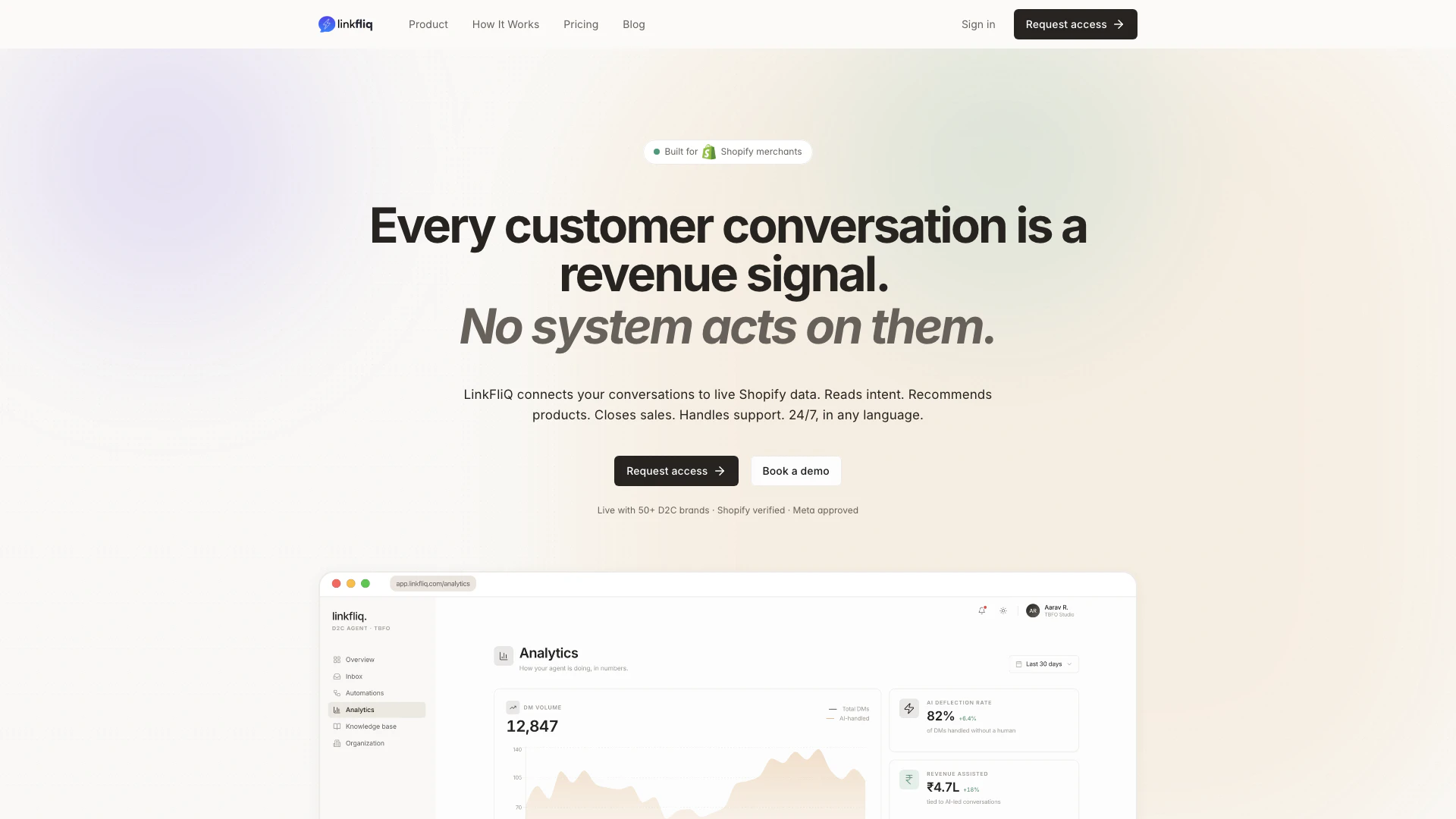 Linkfliq website screenshot showing Linkfliq is an AI agent that reads every... interface and features